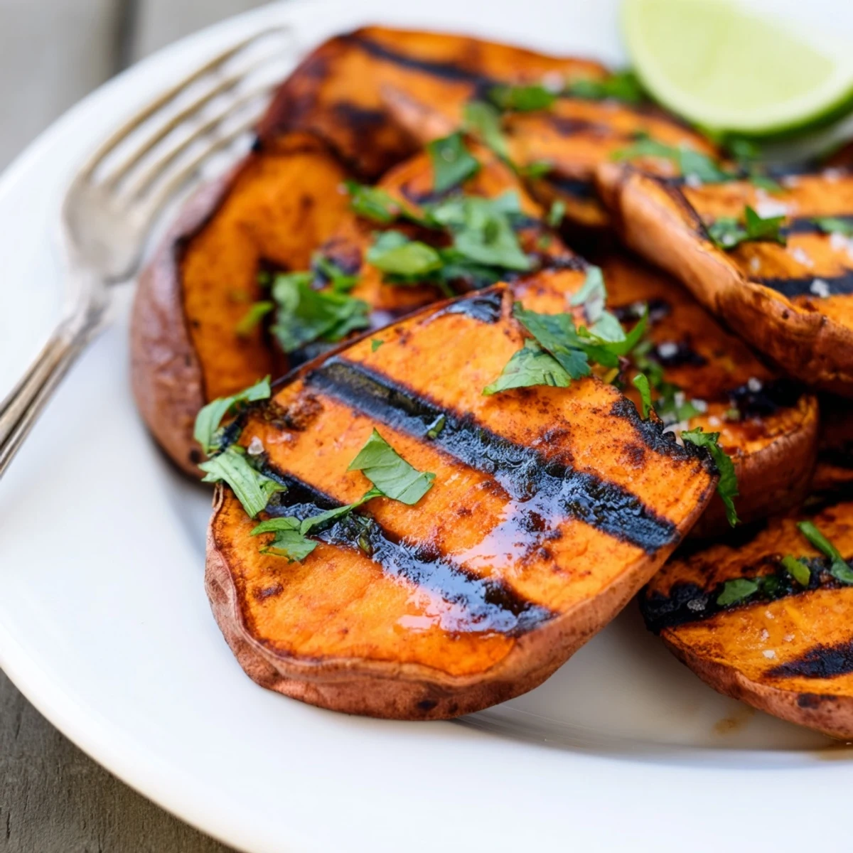 Juicy Grilled Sweet Potatoes sliced thick, seasoned with smoked paprika  