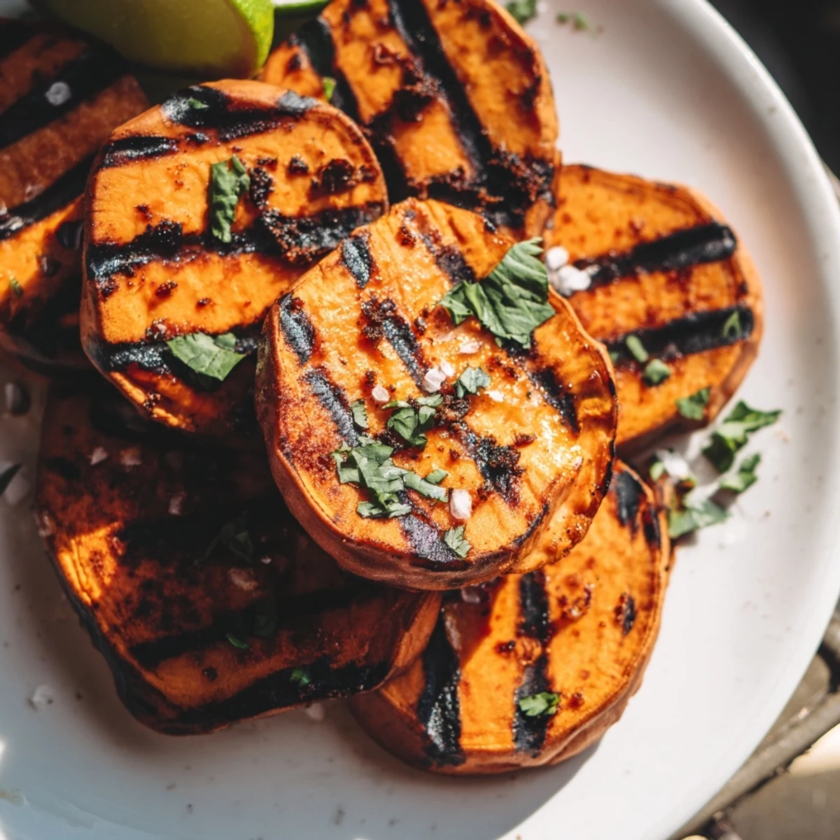 Summer-ready Grilled Sweet Potatoes on platter, garnished with cilantro and lime