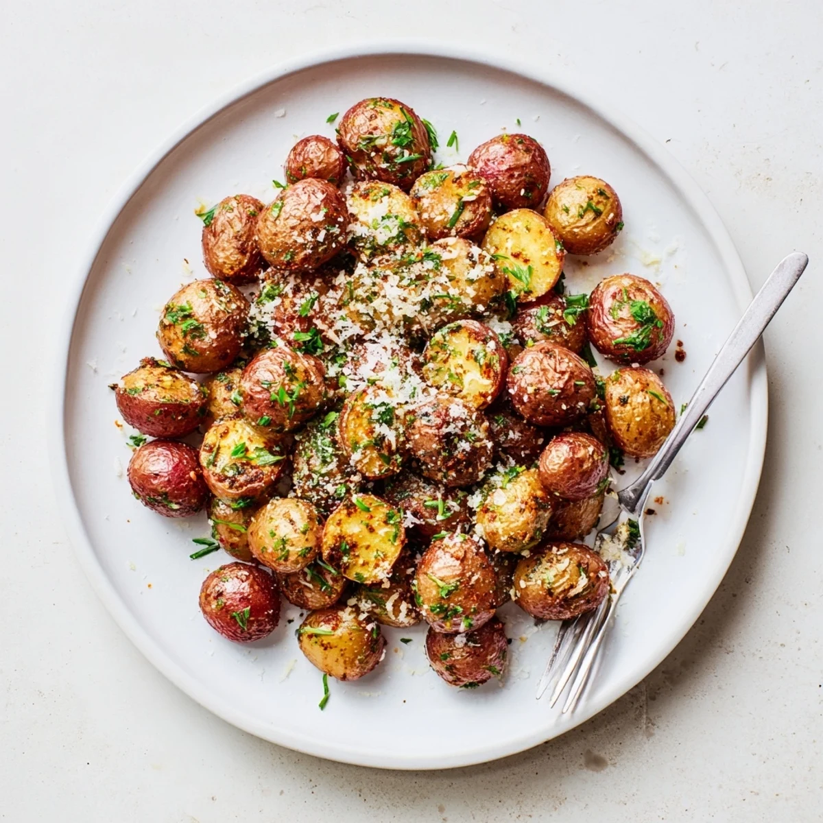 Grilled Potatoes Recipe piled on platter, golden crust, sprinkled with Parmesan.