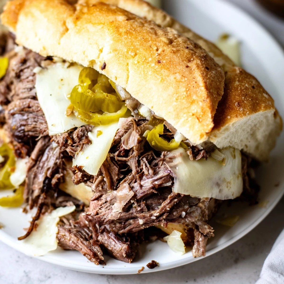 Slow cooker Italian roast beef sandwiches piled on crusty rolls with melted provolone and tangy pepperoncini