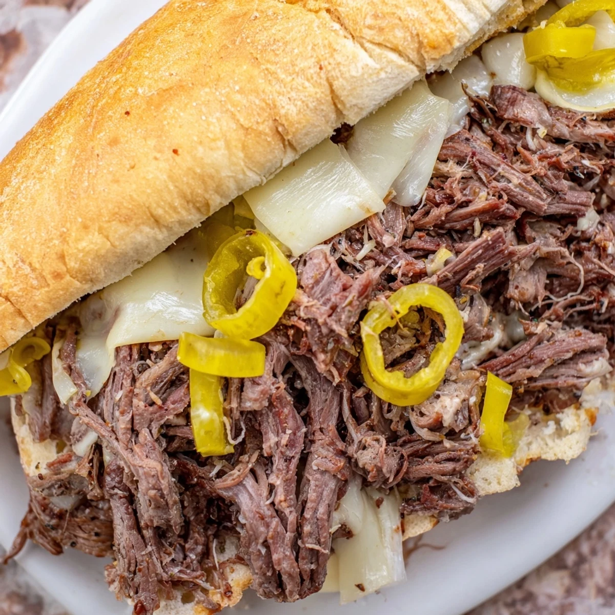 Tender shredded Italian roast beef overflowing from toasted hoagie rolls with gooey cheese and crispy peppers
