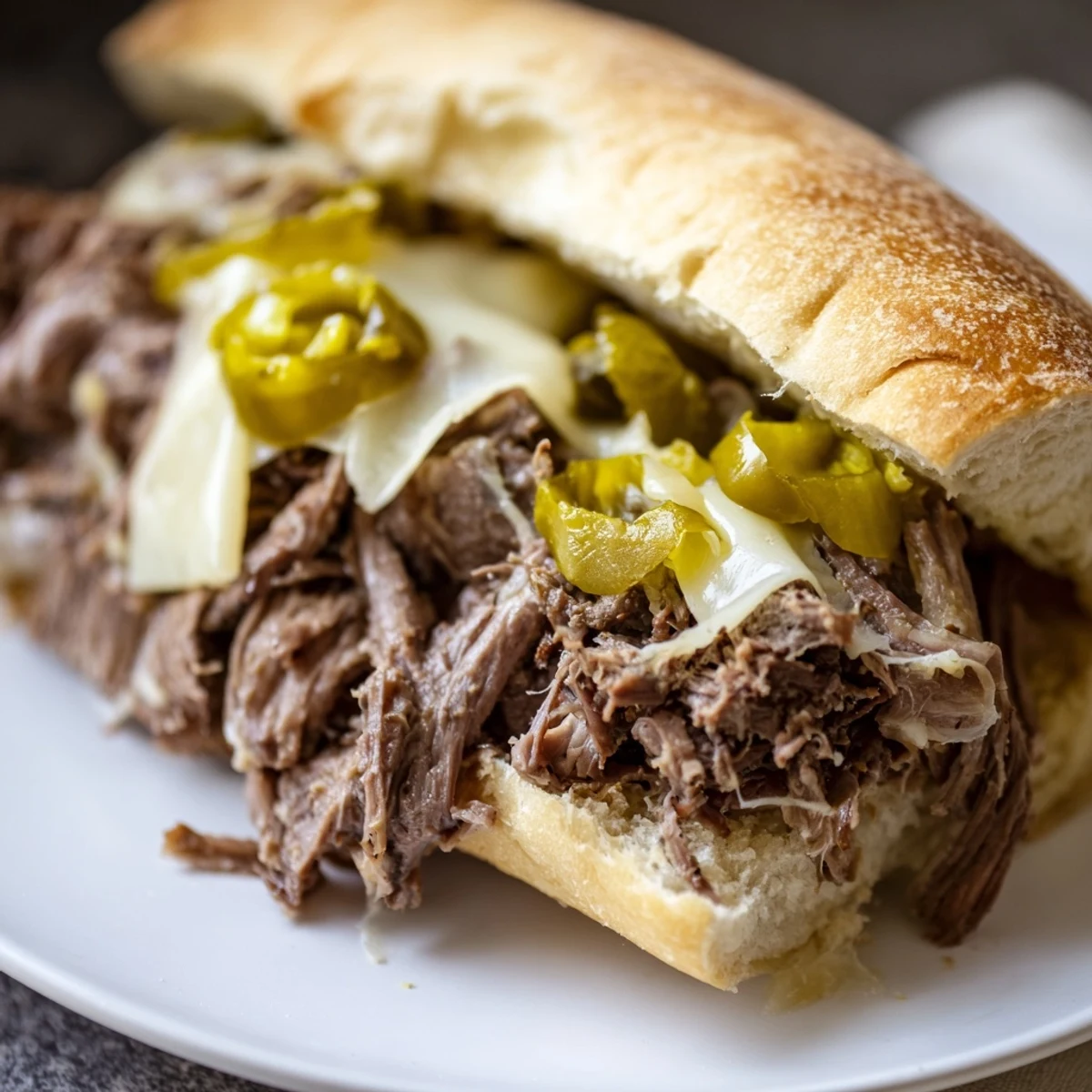 Golden Italian sandwich rolls stacked high with juicy slow-cooked beef, melted provolone slices, and zesty pepperoncini