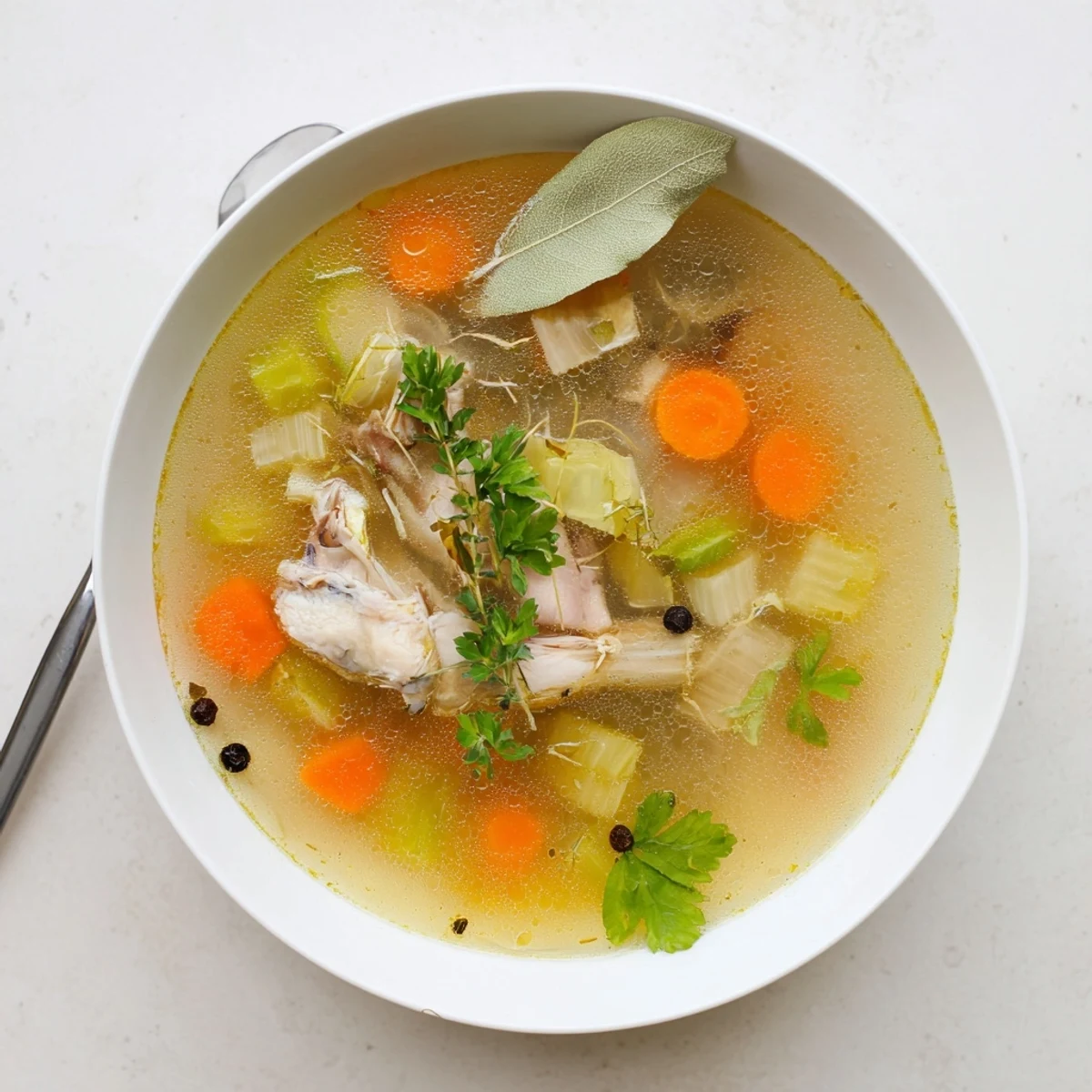 Homemade chicken bone broth in a slow cooker filled with aromatic vegetables and bay leaves