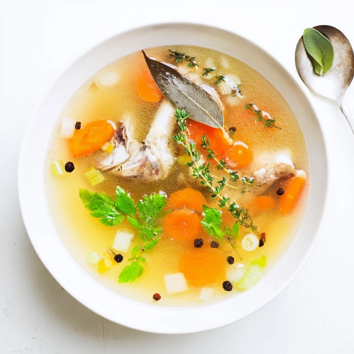 Golden slow cooker chicken bone broth simmering with vegetables and fresh herbs for rich flavor