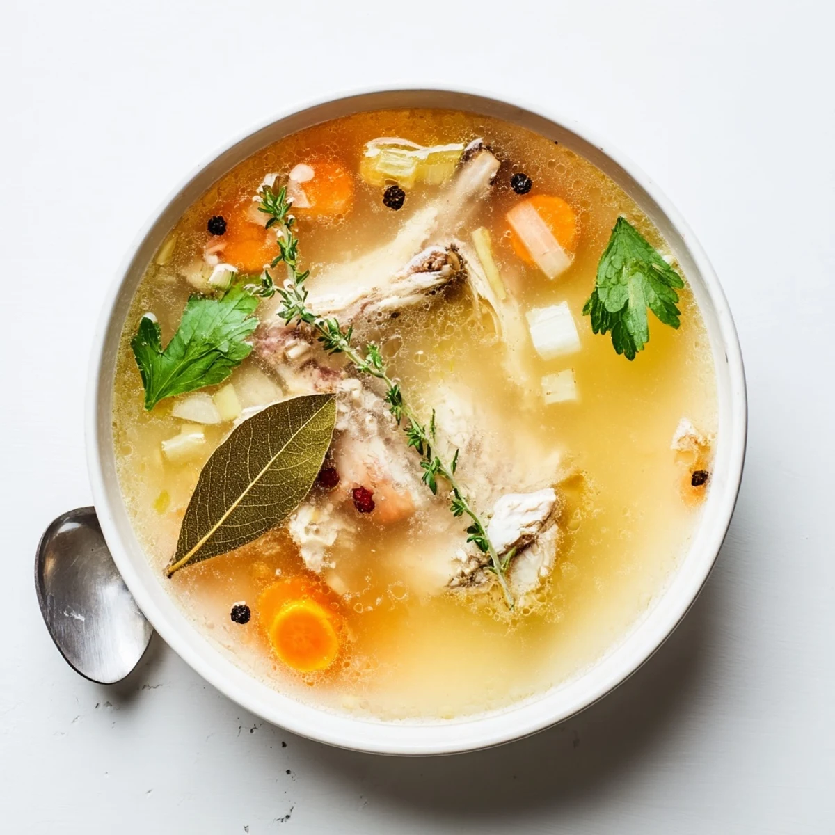 Steaming bowl of nourishing homemade chicken bone broth prepared in a slow cooker with vegetables