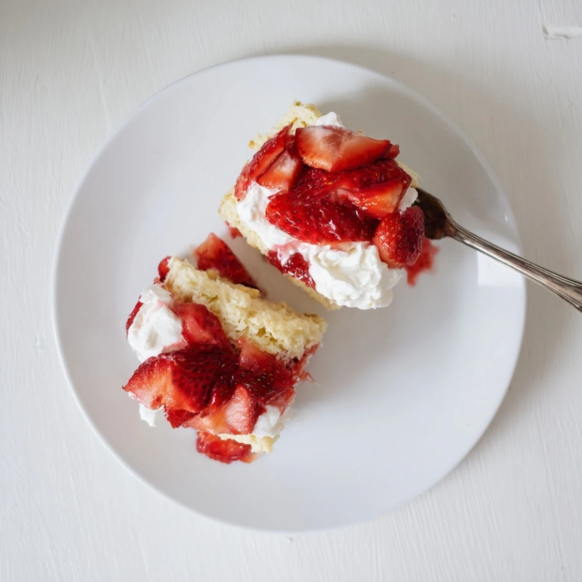 Classic strawberry shortcake served on white plate with layered strawberries, whipped cream, and golden biscuit