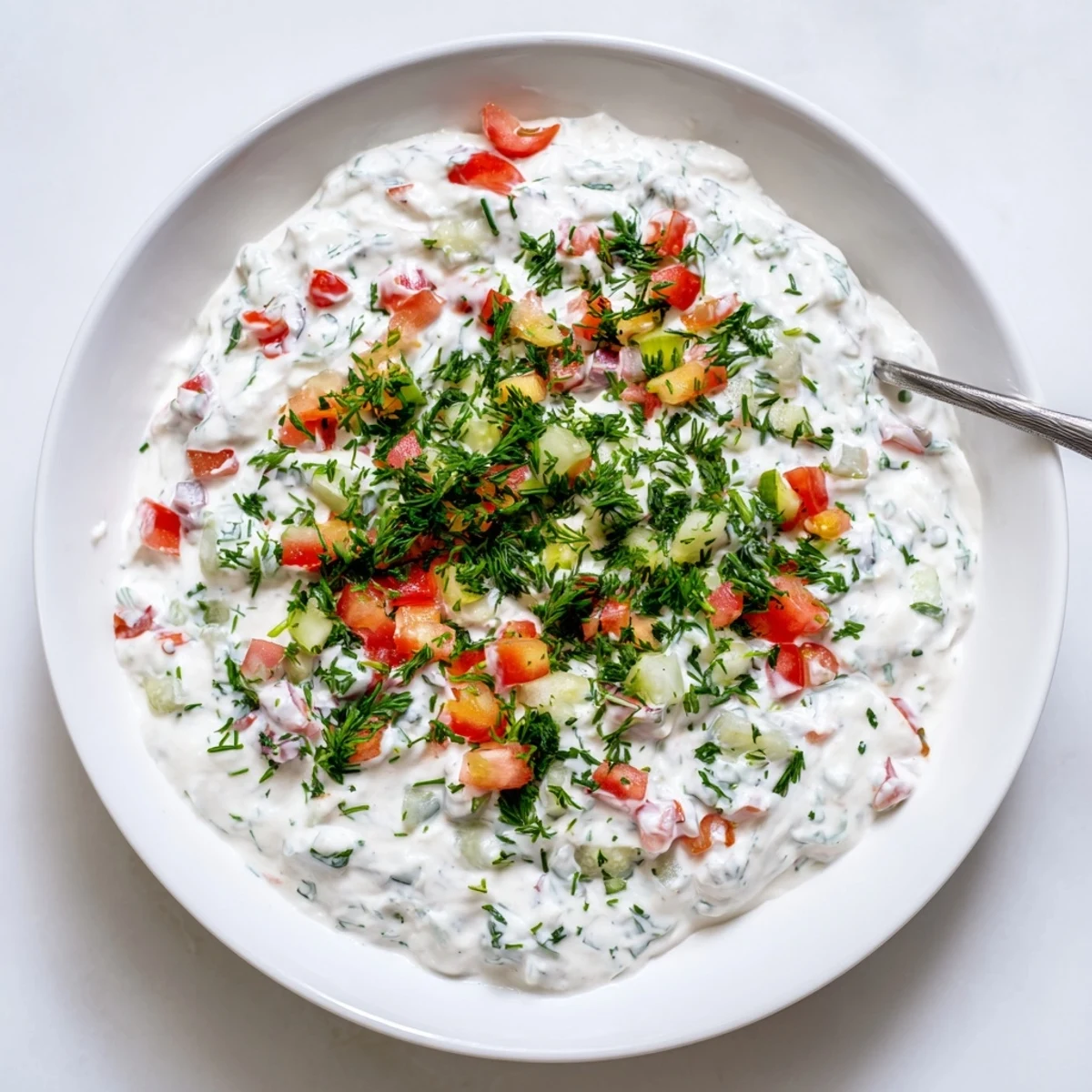 Creamy Grillos pickle de gallo ranch dip topped with fresh colorful pico de gallo and vibrant herbs