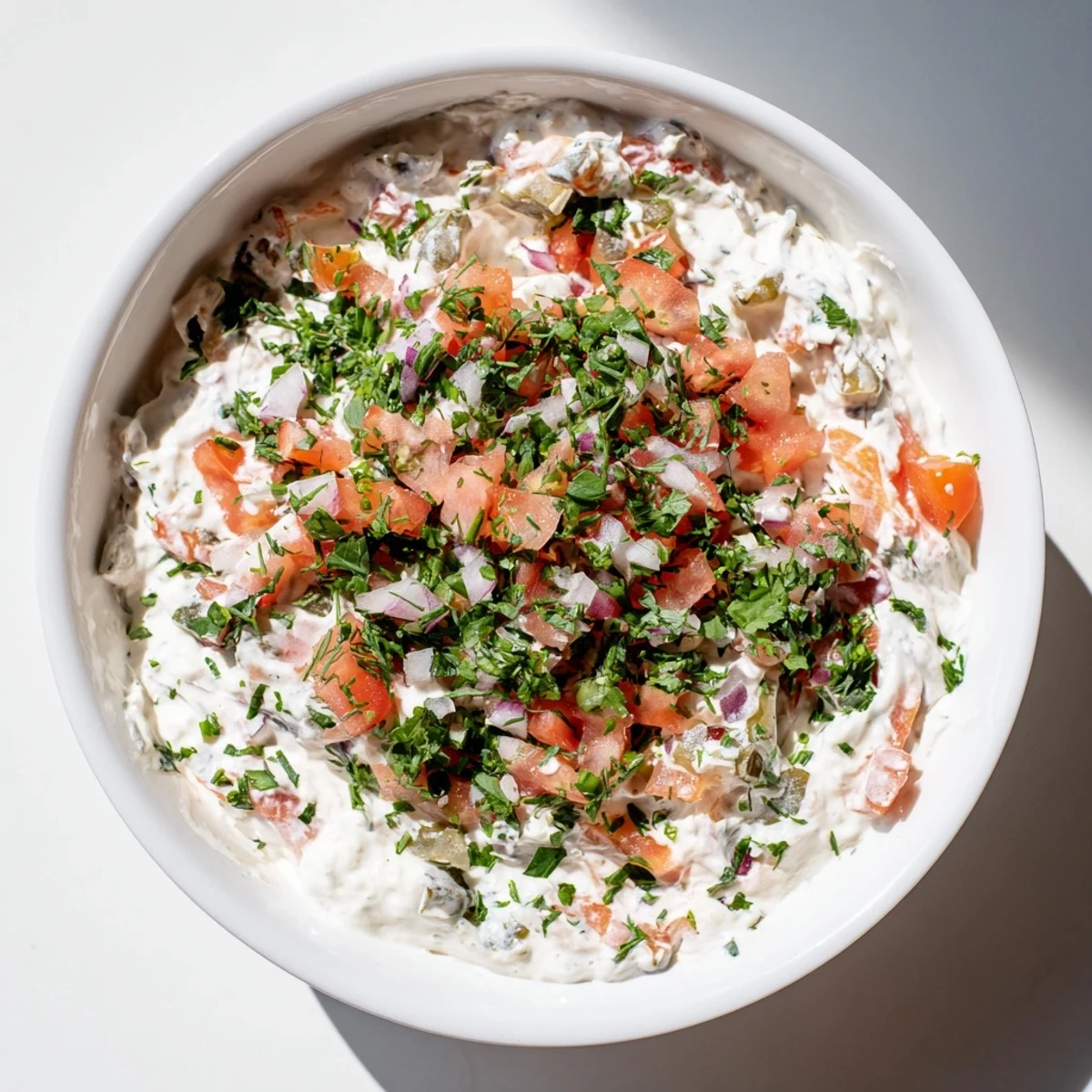 Thick white Grillos pickle de gallo ranch dip sprinkled with dill and chives ready for party dipping