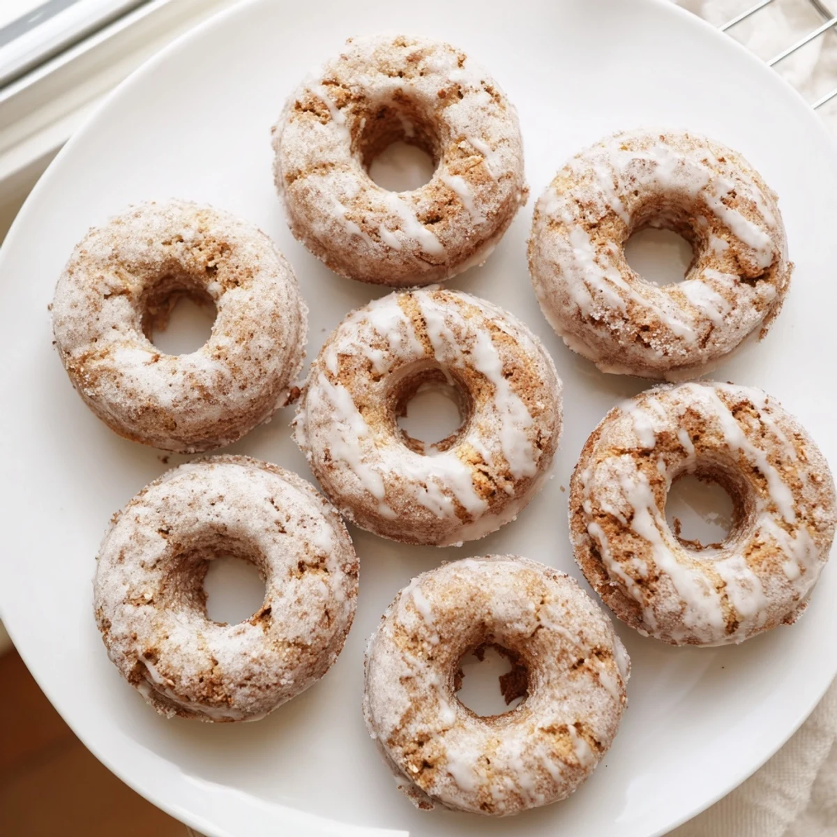 Golden banana bread donuts topped with sweet cinnamon glaze on a white plate