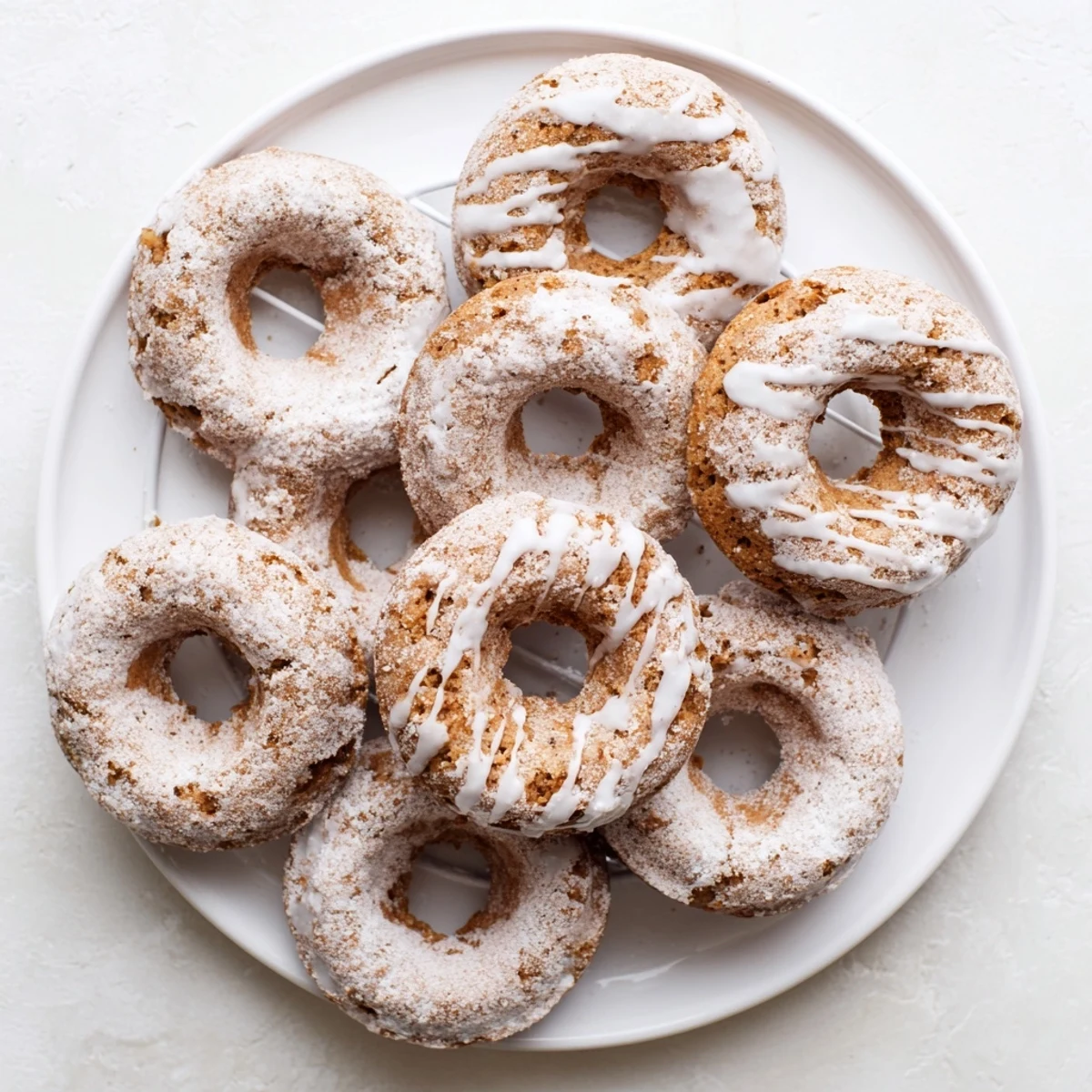 Freshly baked banana bread donuts cooling on a wire rack with powdered sugar dusting