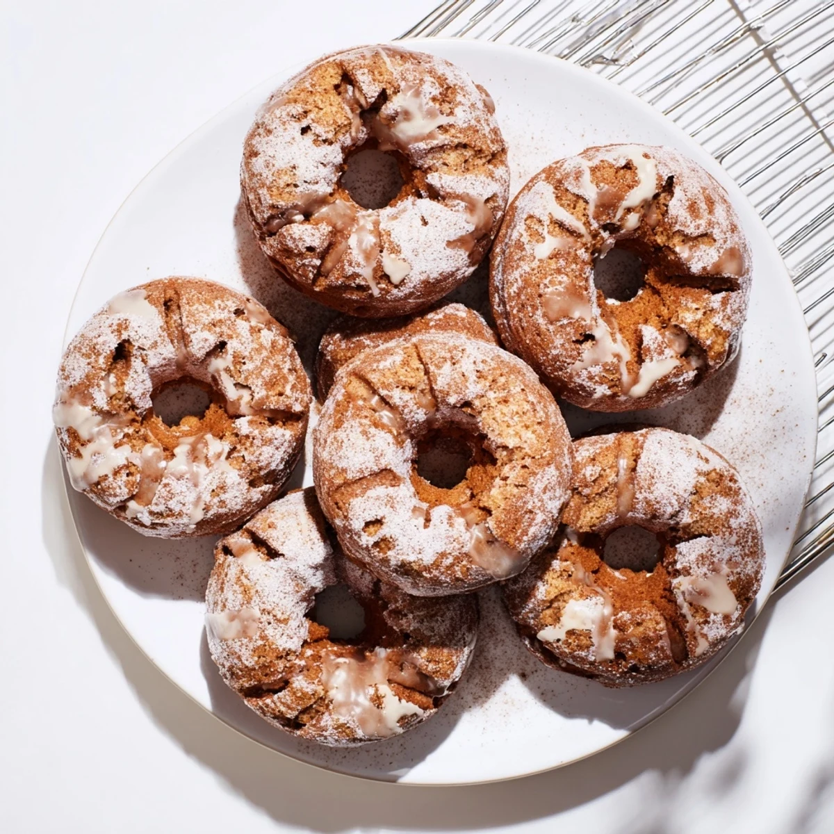 Moist banana bread donuts arranged on a wooden board with ripe banana slices