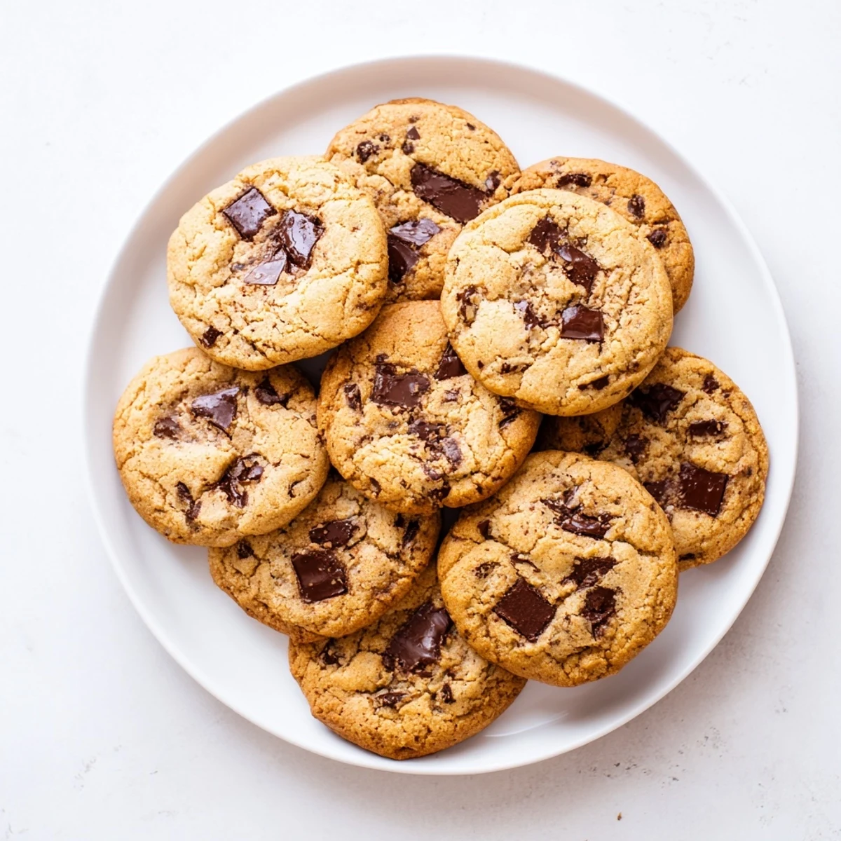 Golden chewy chocolate chip cookies fresh from the oven with melted chocolate pools