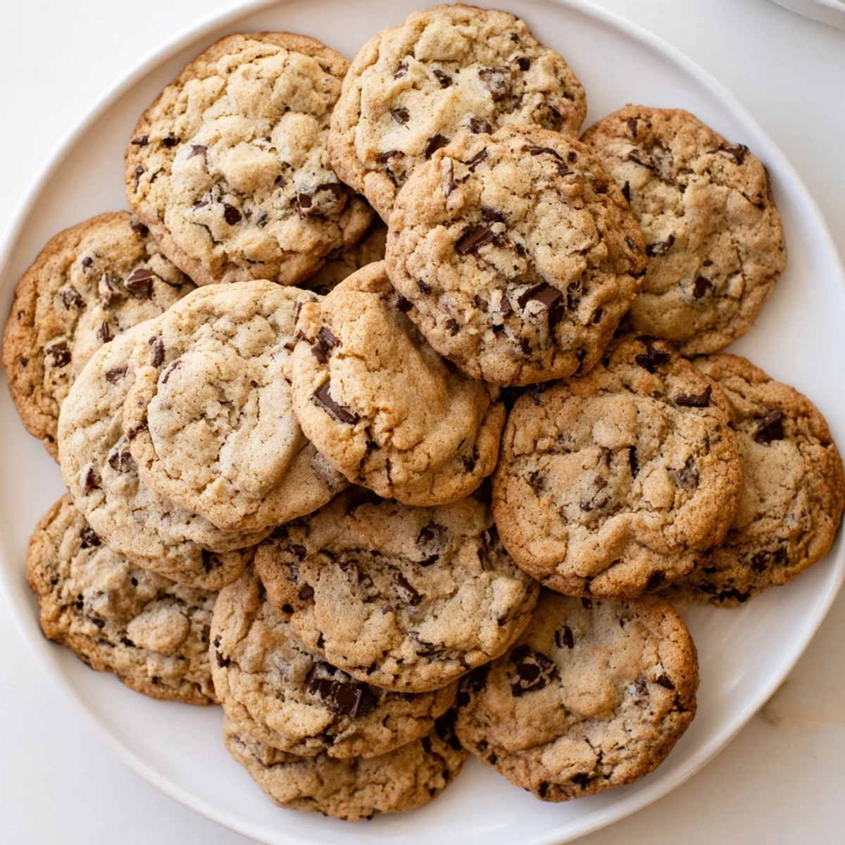 Stack of soft thick chocolate chip cookies on a white wire cooling rack