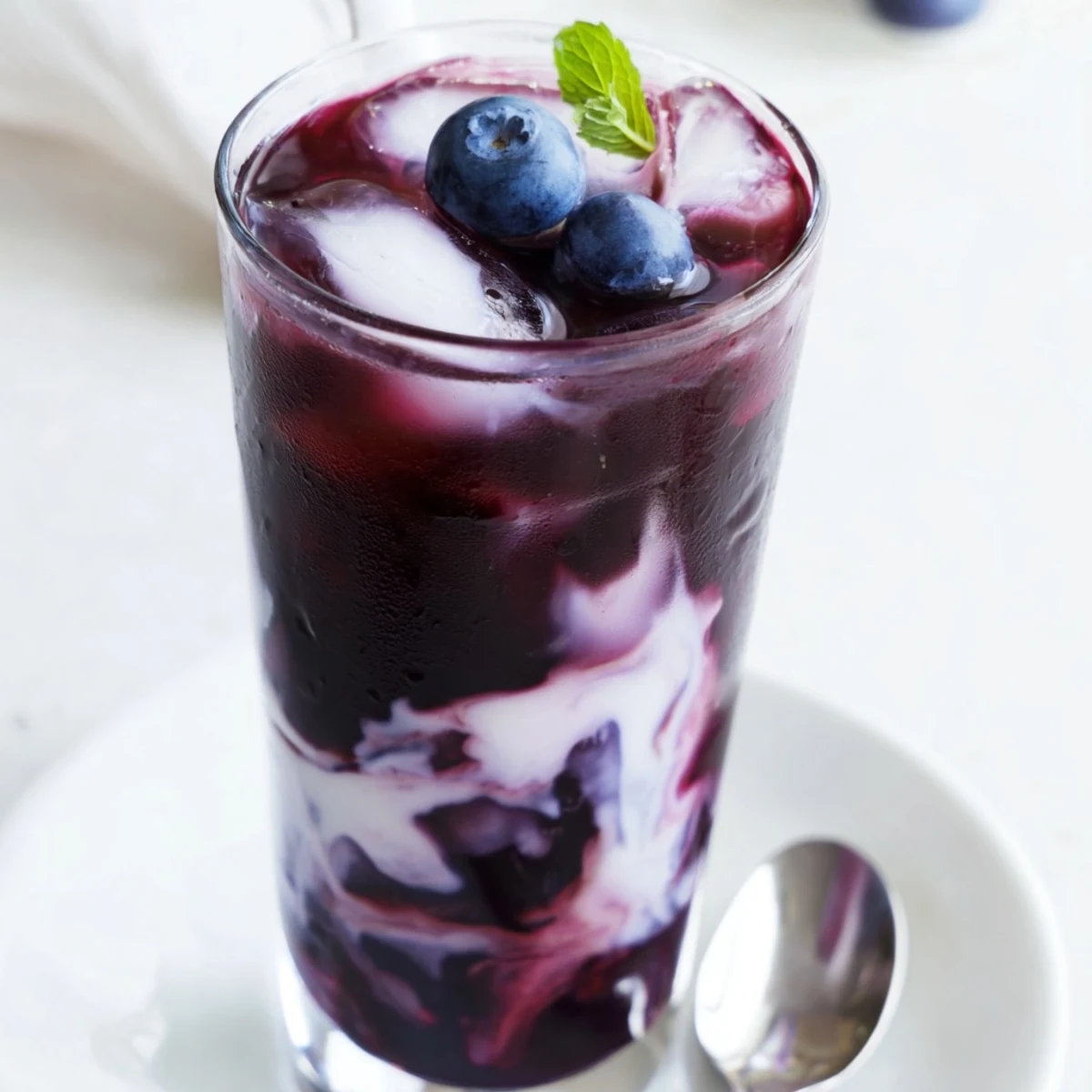 Cold Blueberry Milk Tea Cooler showing swirled purple syrup and creamy milk