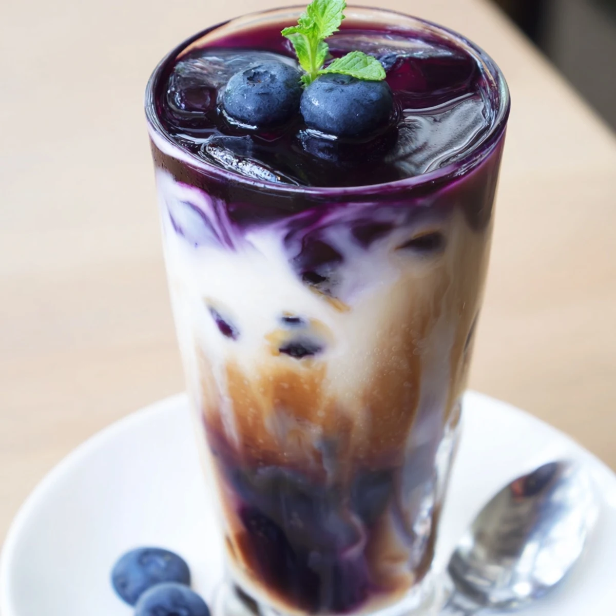 Blueberry Milk Tea Cooler in tall glass with ice, garnished with mint