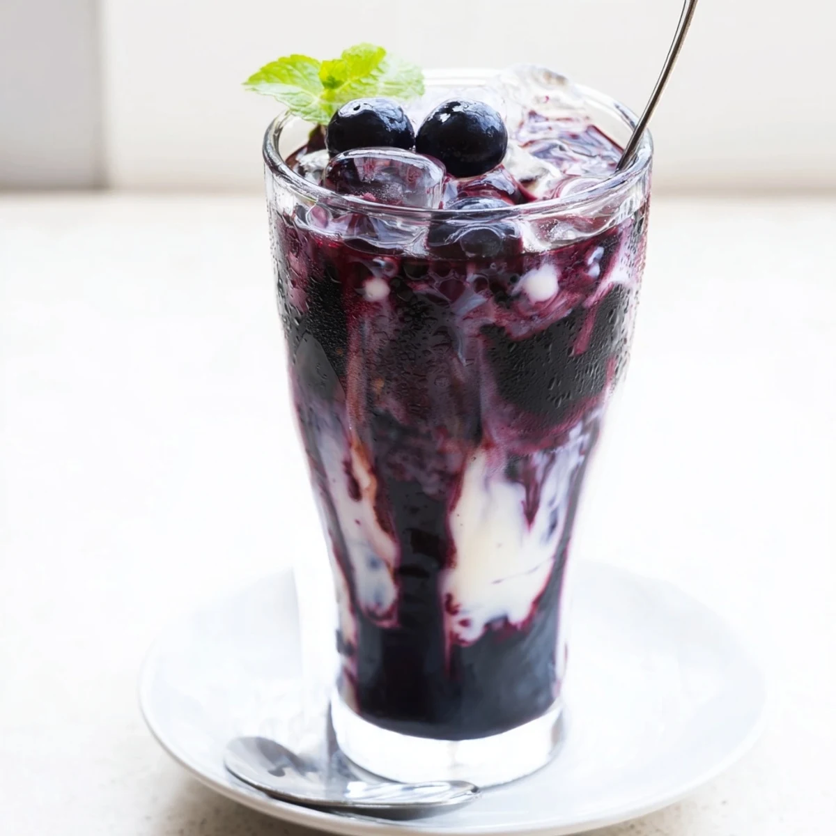 Refreshing Blueberry Milk Tea Cooler poured over ice, topped with fresh blueberries