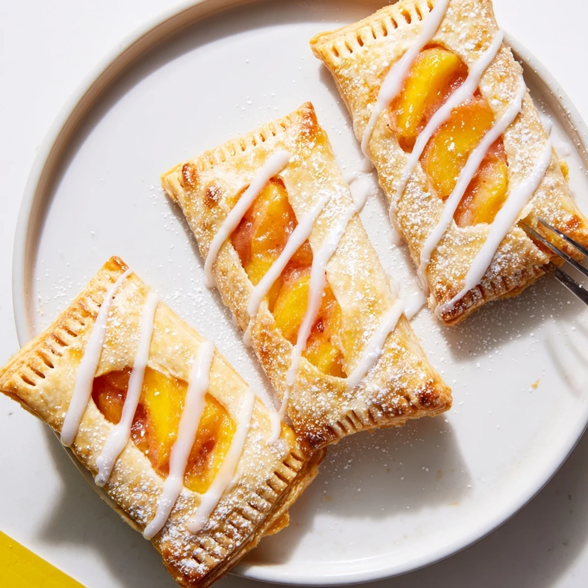 Golden Peach Pop Tarts Classic sliced open, sticky filling oozing, served warm.