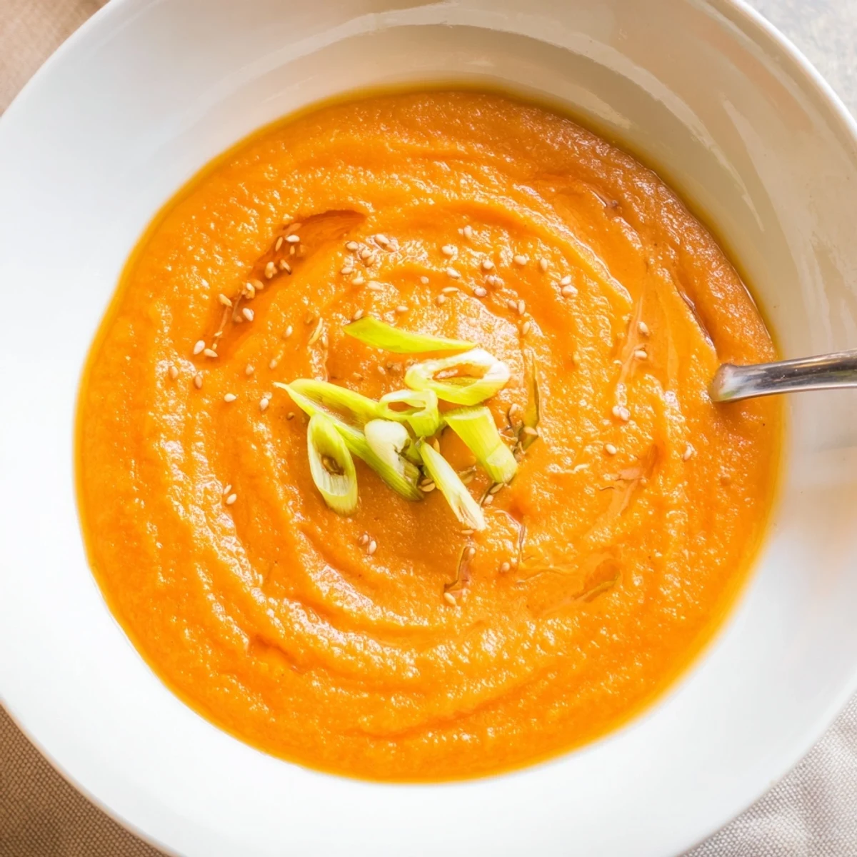Warm bowl of Carrot Ginger Miso Soup Recipe, velvety texture and bright ginger