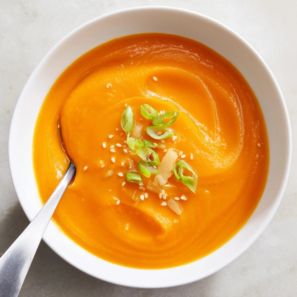 Carrot Ginger Miso Soup Recipe ladled into bowls, topped with thinly sliced scallions