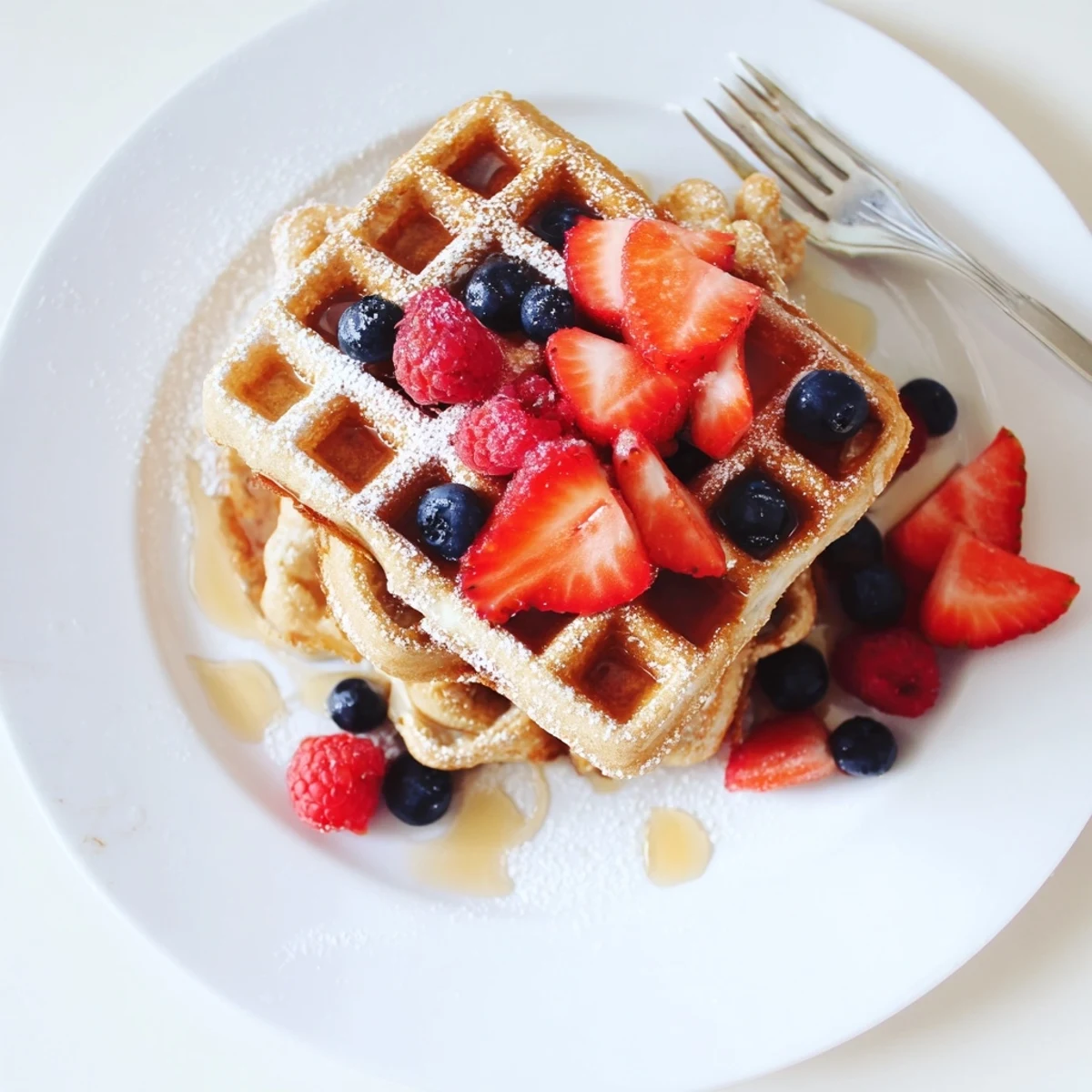 Almond Flour Waffles With Berries, golden and fluffy, drizzled with warm maple syrup.