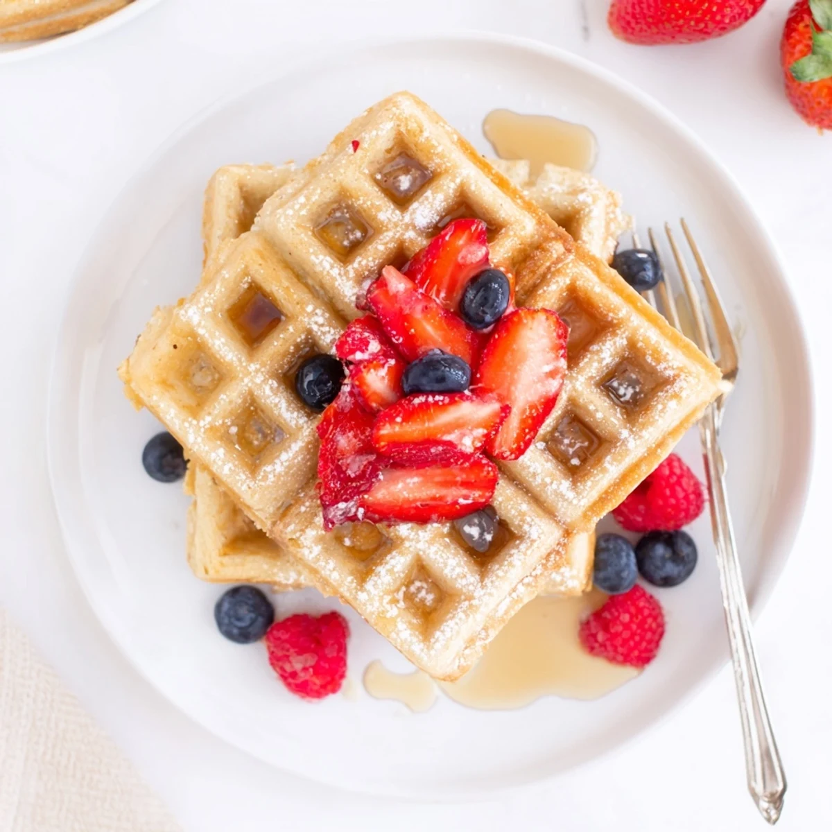 Light airy Almond Flour Waffles With Berries dusted with powdered sugar and mint.