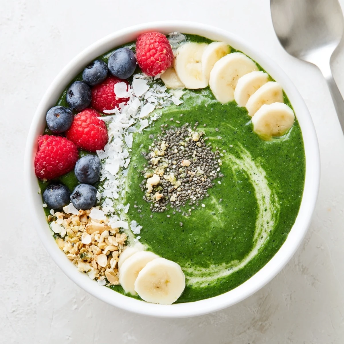 Green Smoothie Bowl with Spirulina, Banana & Hemp Seeds layered with mixed berries  