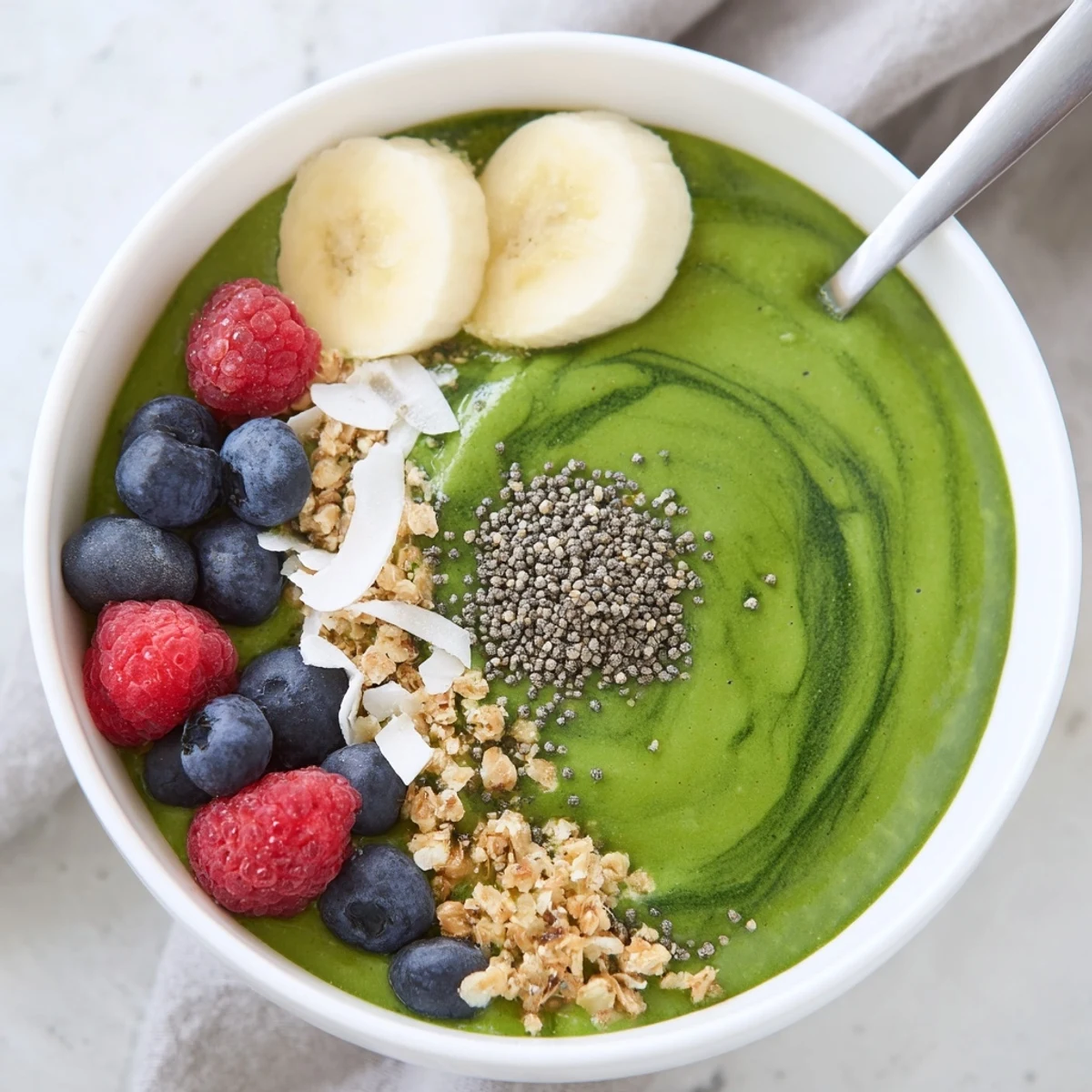 Breakfast ready Green Smoothie Bowl with Spirulina, Banana & Hemp Seeds, coconut flakes
