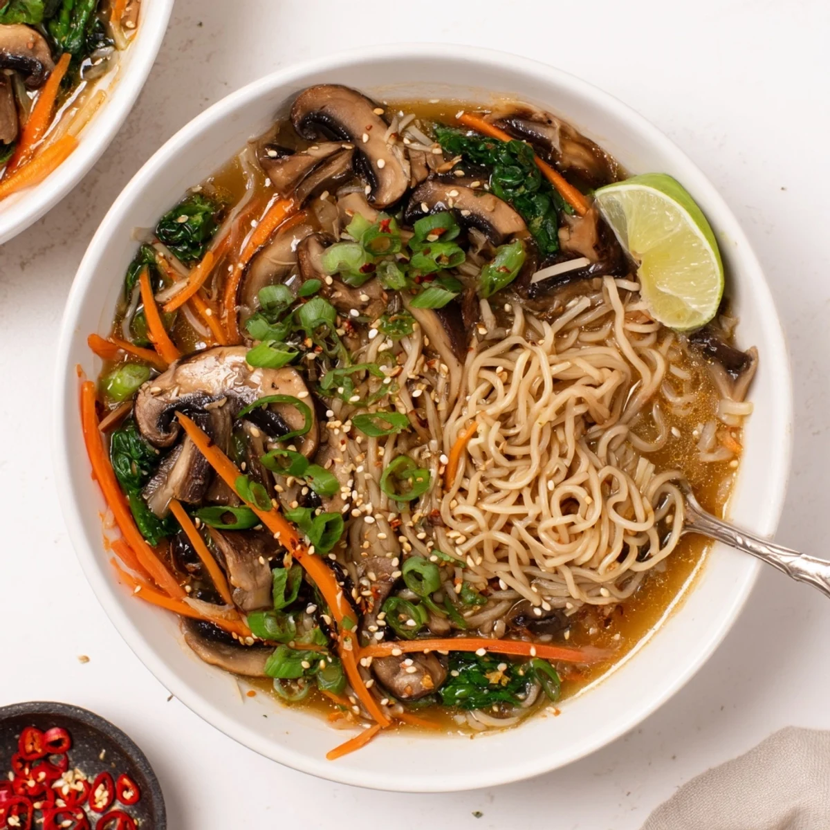 Cozy Ginger Garlic Mushroom Noodle Soup steaming in bowl, savory broth aromas.