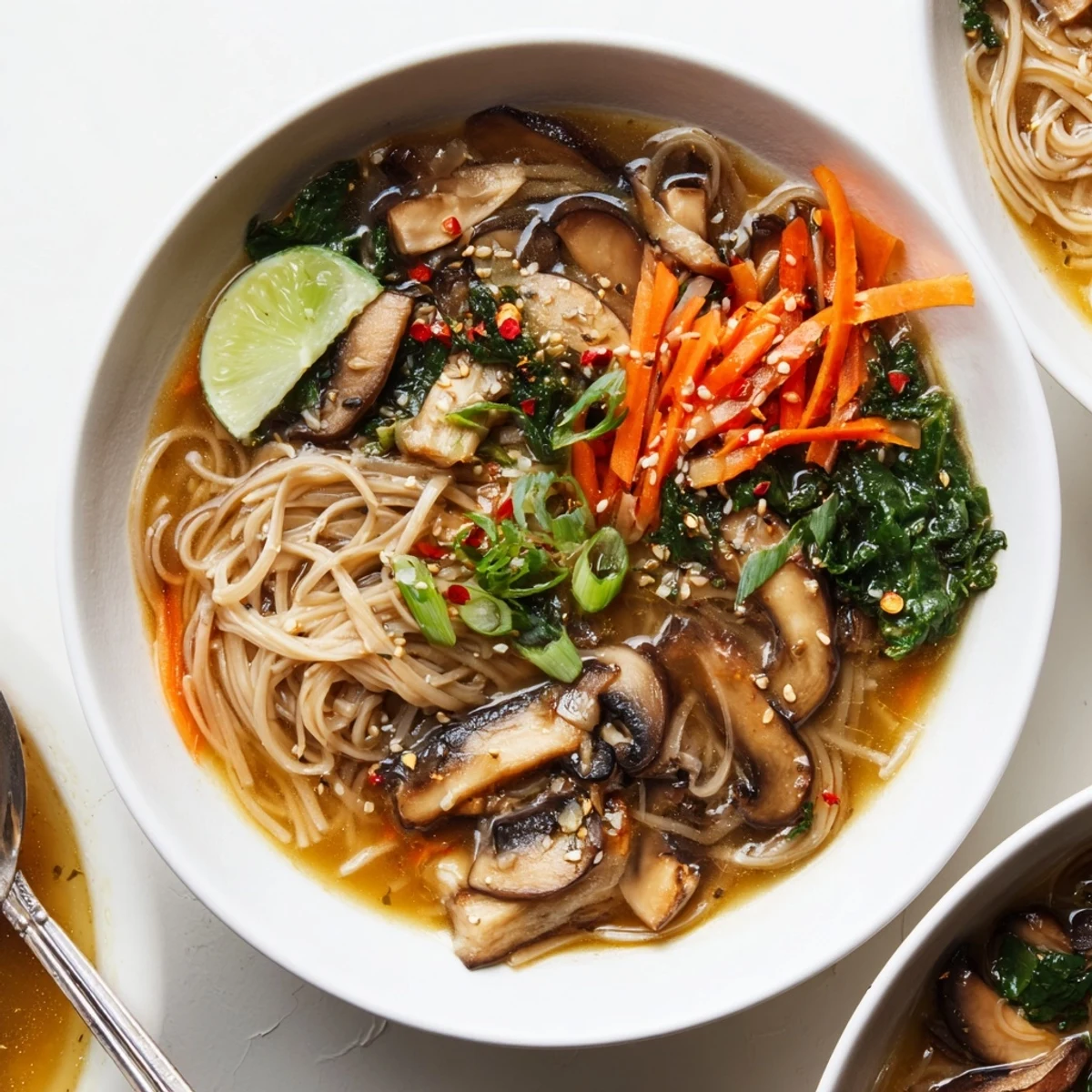 A bowl of Cozy Ginger Garlic Mushroom Noodle Soup garnished with lime.