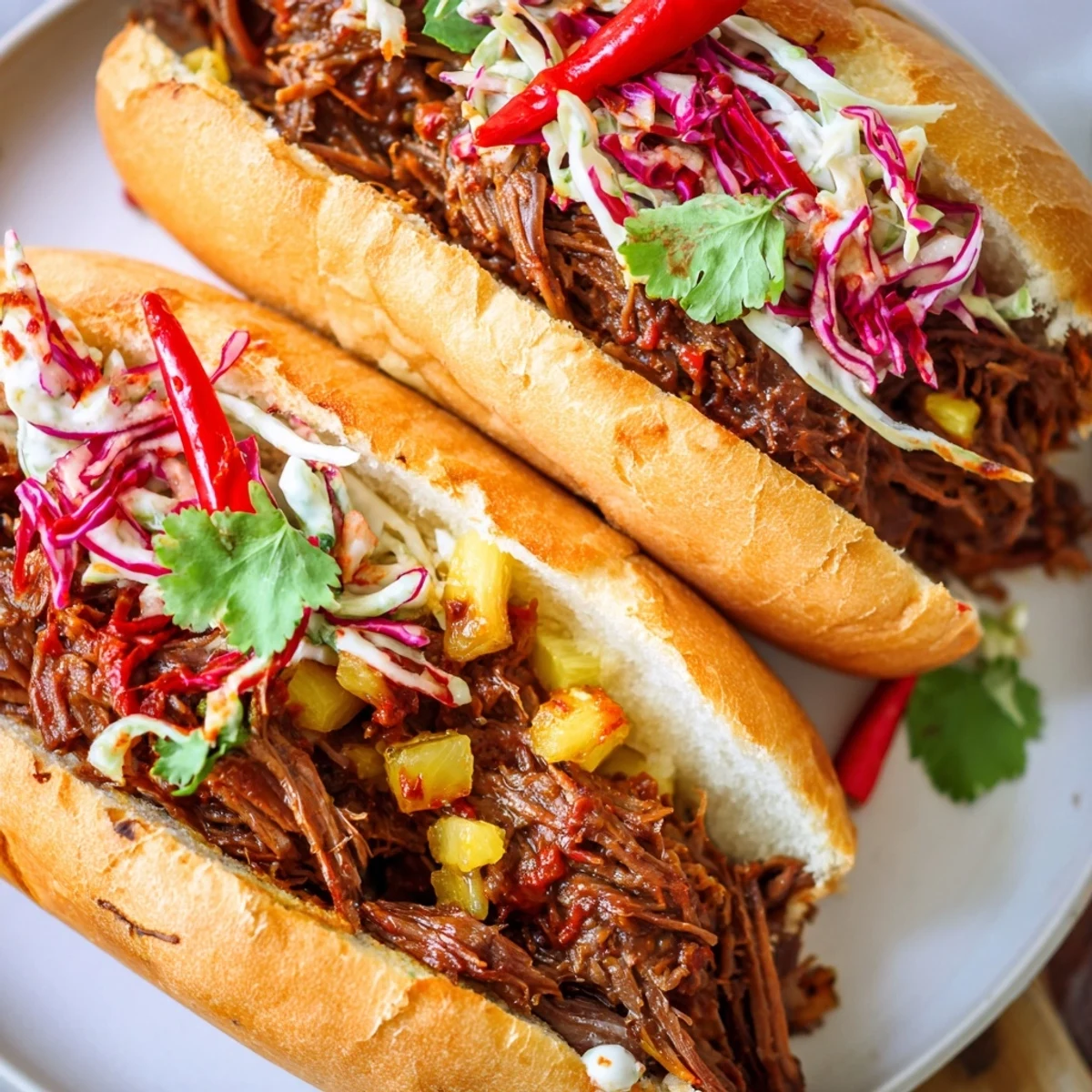 Pineapple Chili Pulled Beef Sandwiches on toasted buns, juicy, sweet-spicy, tender