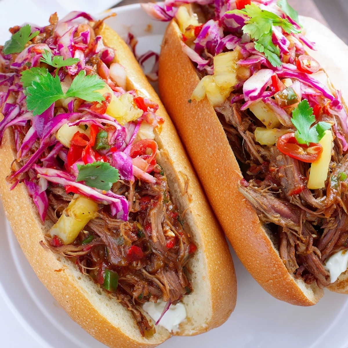 Slow-cooked Pineapple Chili Pulled Beef Sandwiches with tangy pineapple sauce, shredded cabbage