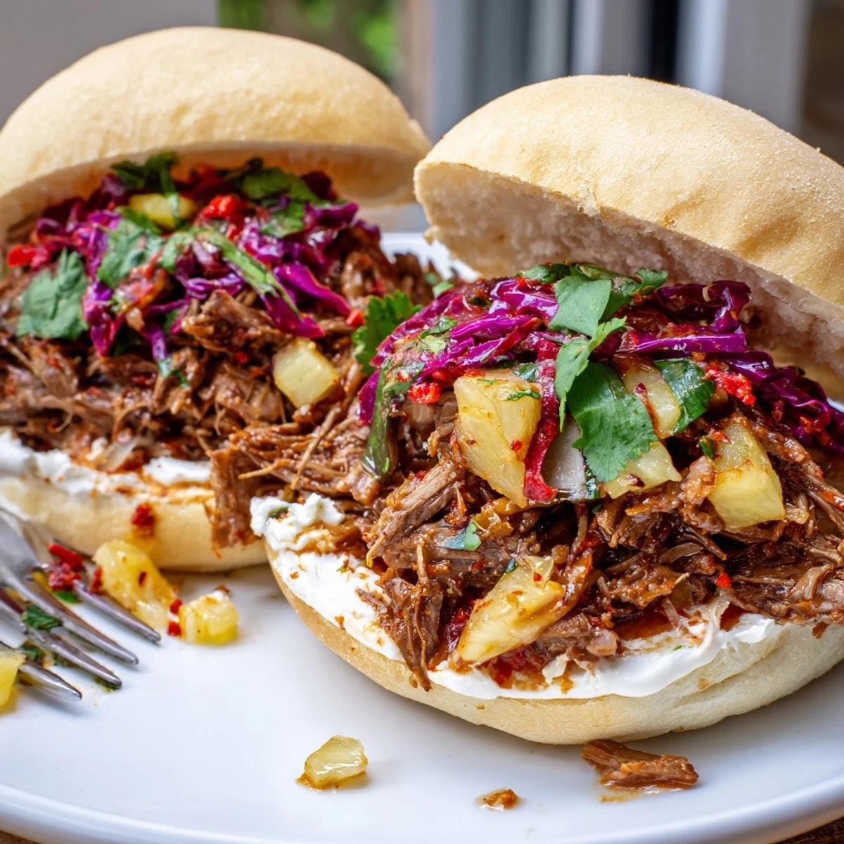 Pineapple Chili Pulled Beef Sandwiches steaming, smoky spice, bright cilantro, creamy aioli optional