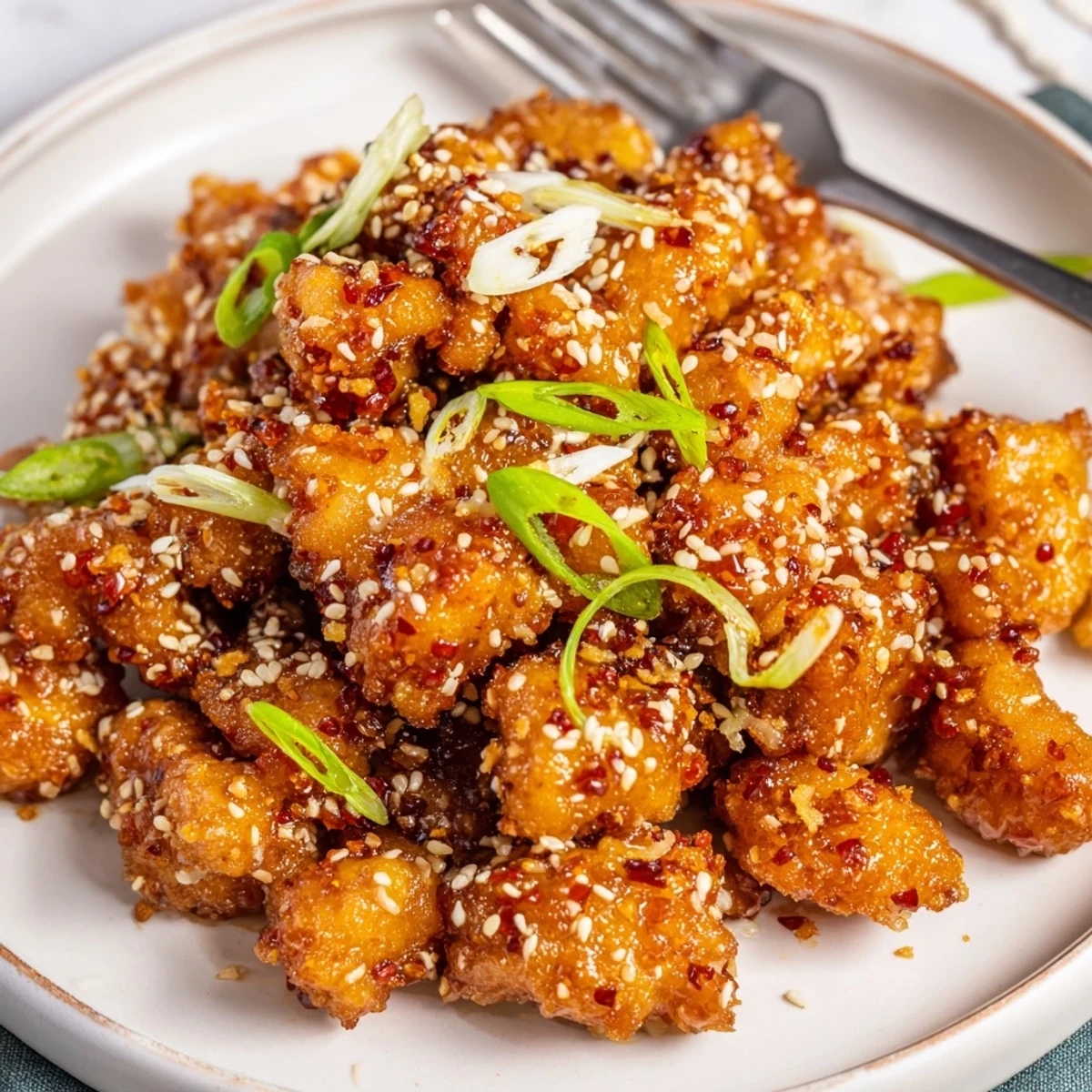 Crispy Sweet Tangy Garlicky Bang Bang Chicken piled with sesame and scallions
