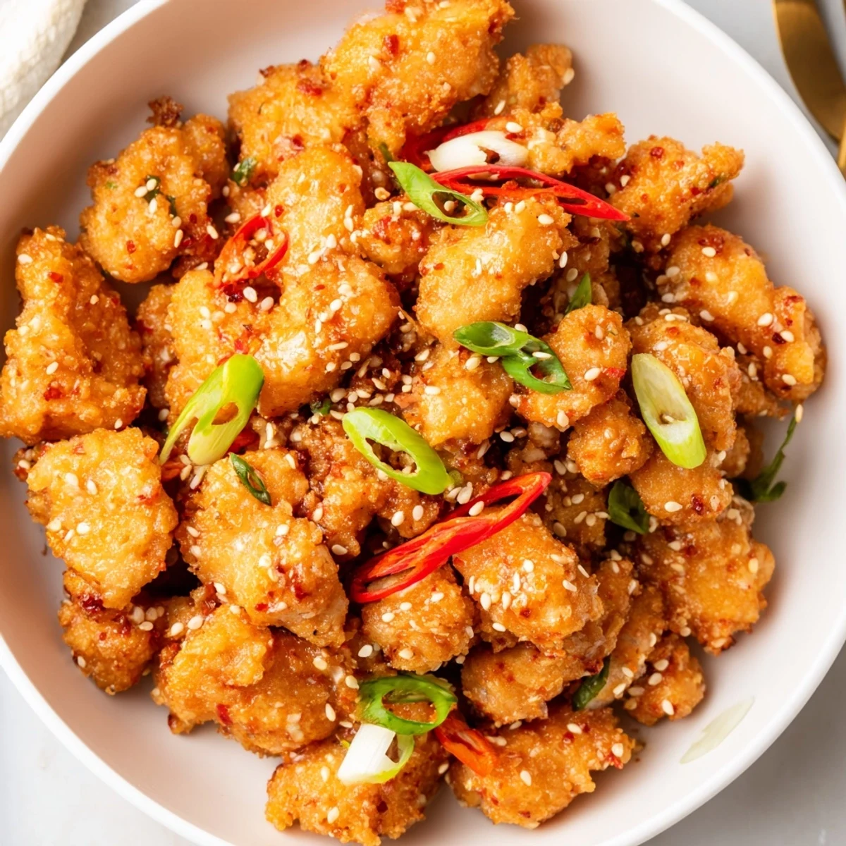 Sweet Tangy Garlicky Bang Bang Chicken tossed in glossy sauce over jasmine rice