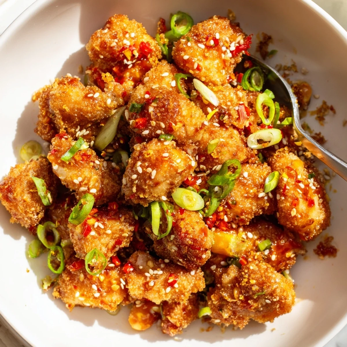 Golden-fried Sweet Tangy Garlicky Bang Bang Chicken served warm with cilantro garnish