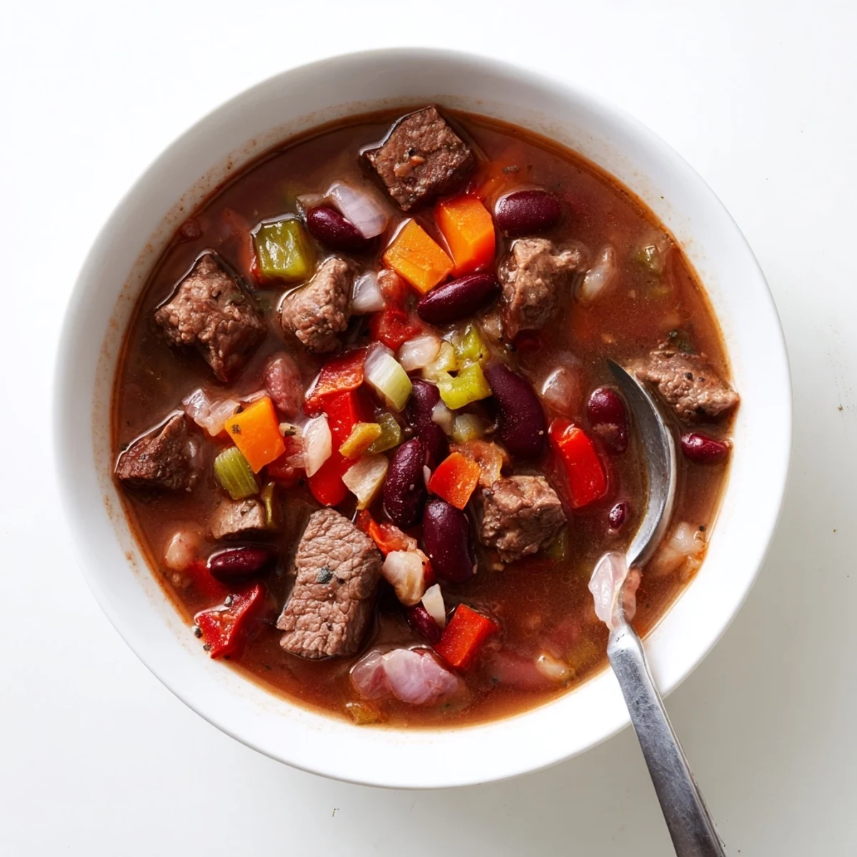 Steamy bowl of savory beef and bean soup delight loaded with tender beef cubes, kidney beans, and colorful vegetables in rich broth