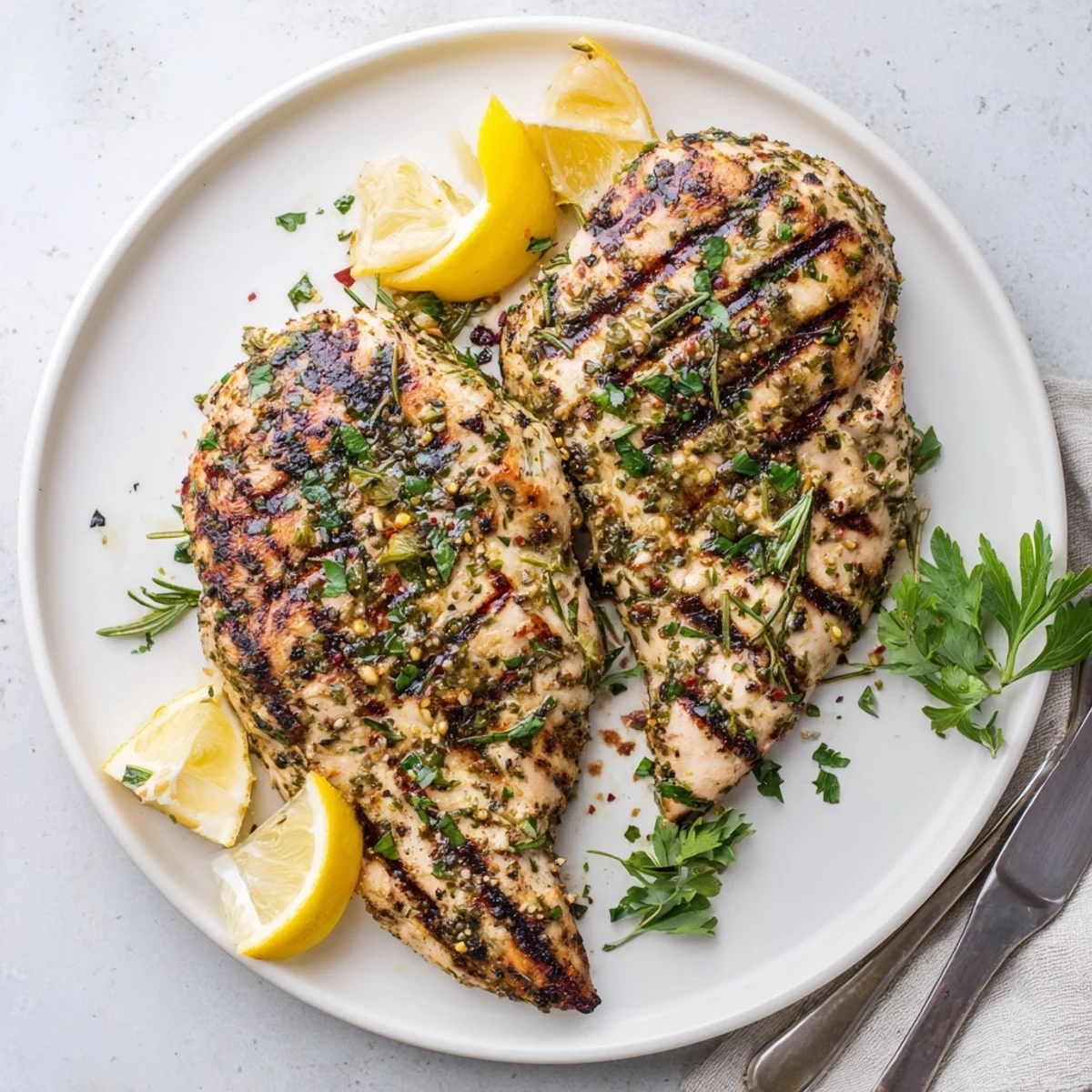 Golden herb rubbed grilled chicken breast with char marks and fresh green parsley garnish on a white serving platter with lemon wedges