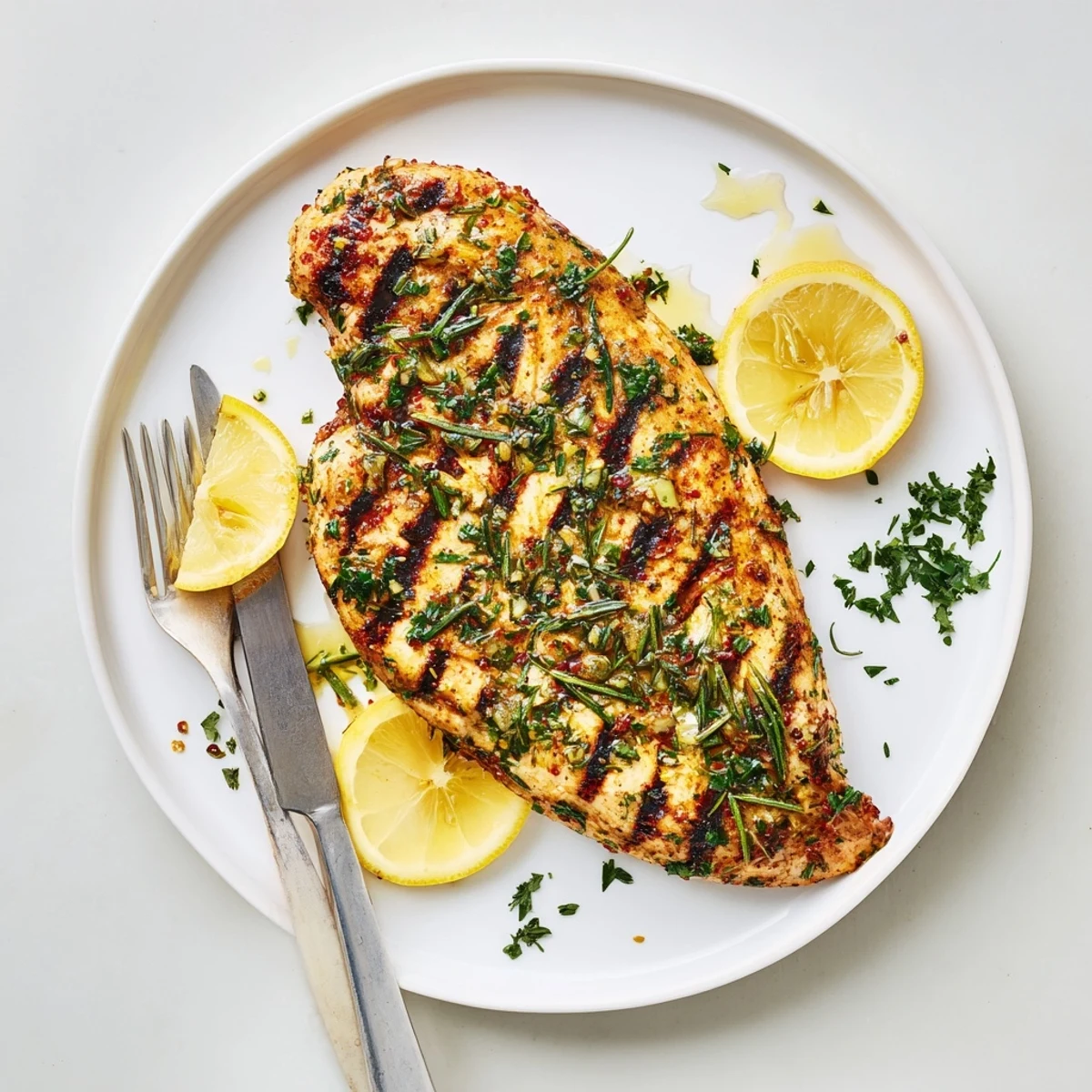 Juicy savory herb rubbed grilled chicken delight displaying perfect grill lines and vibrant rosemary thyme coating on a rustic wooden cutting board