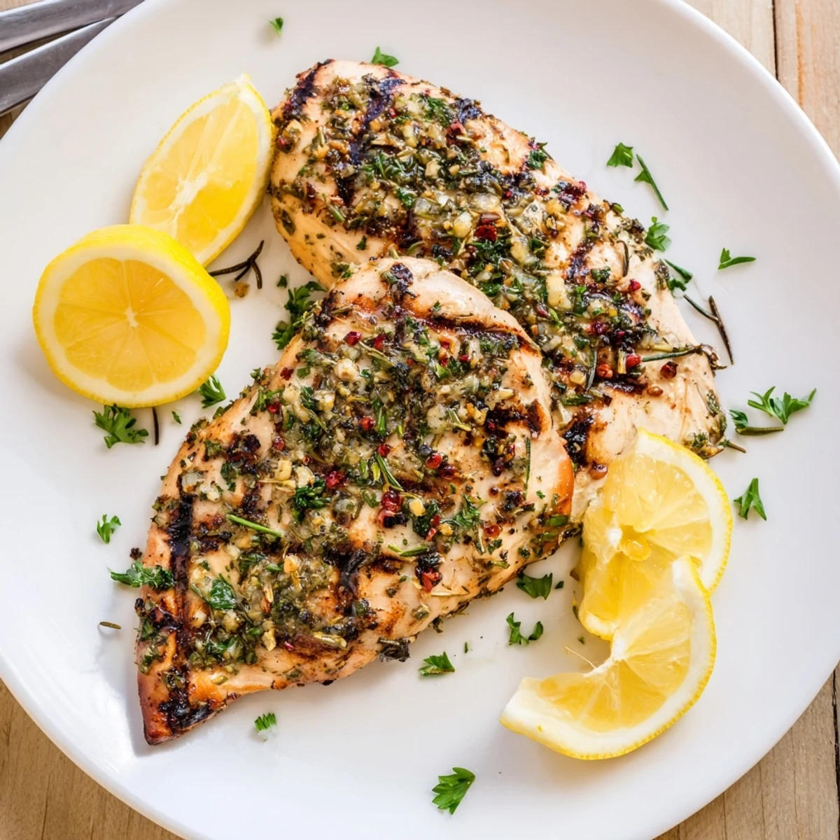 Savory herb rubbed grilled chicken delight sliced to reveal moist interior alongside bright lemon wedges and chopped parsley on a dinner plate