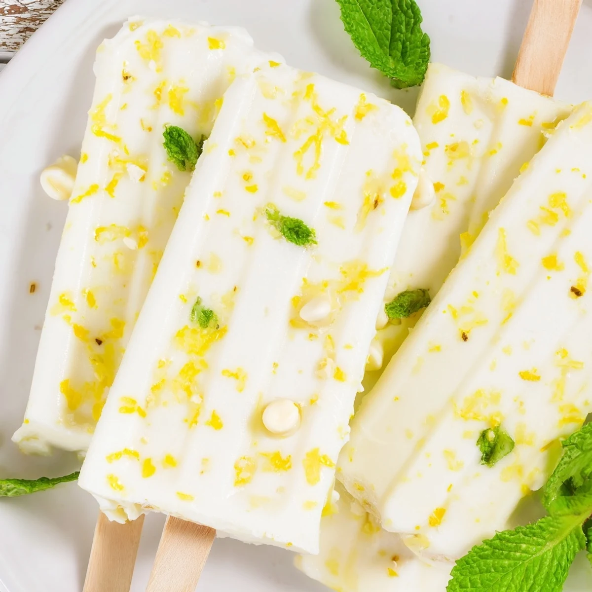 Golden Greek yogurt popsicles flecked with bright lemon zest freezing in white molds ready for summer treats