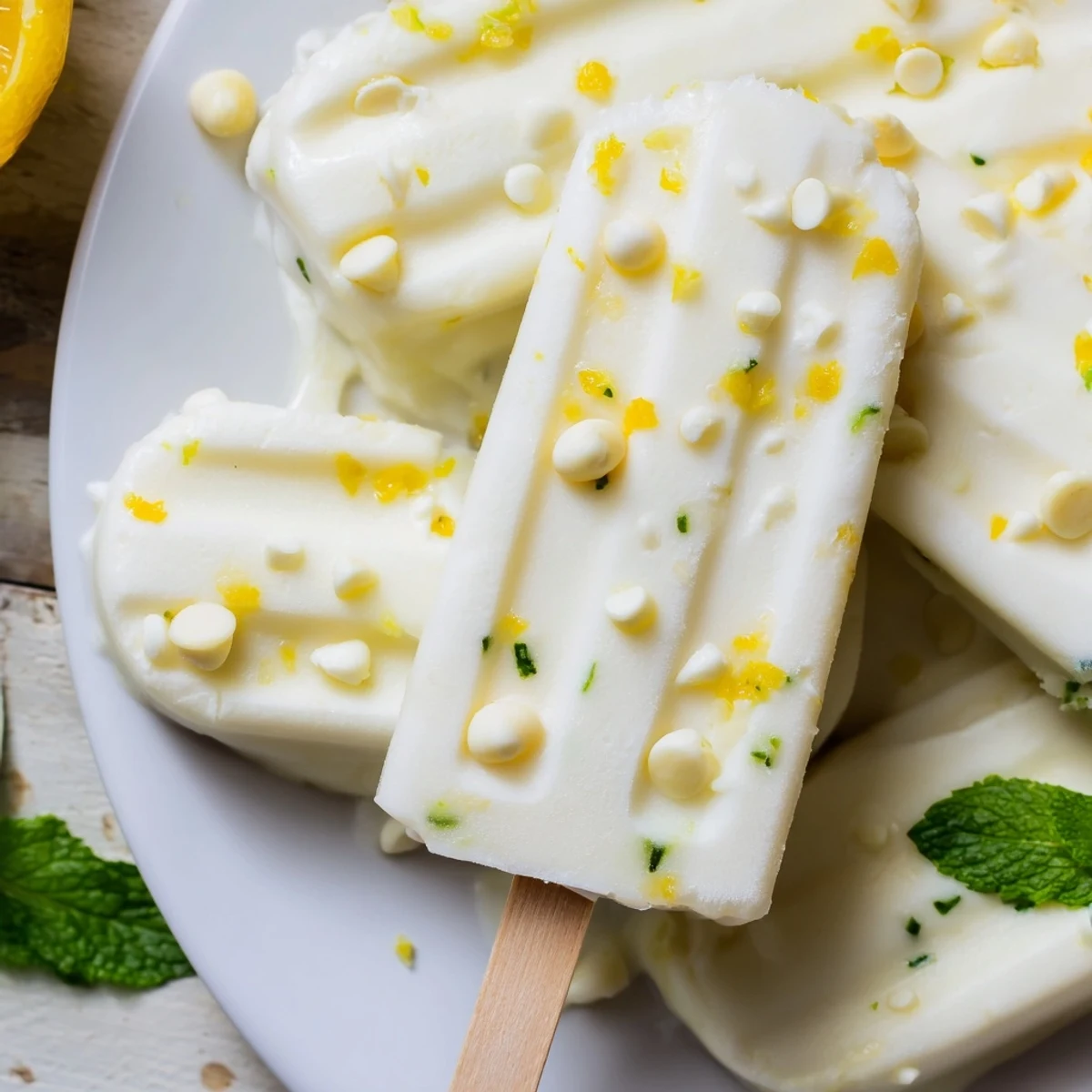 Creamy frozen lemon yogurt popsicles dripping with sweet honey and fresh lemon zest on wooden popsicle sticks