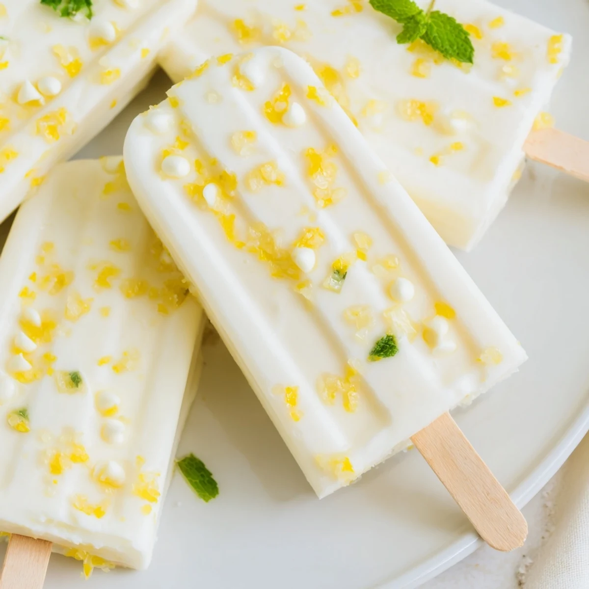 Tangy lemon yogurt popsicles garnished with thin lemon slices resting on plate with melting droplets