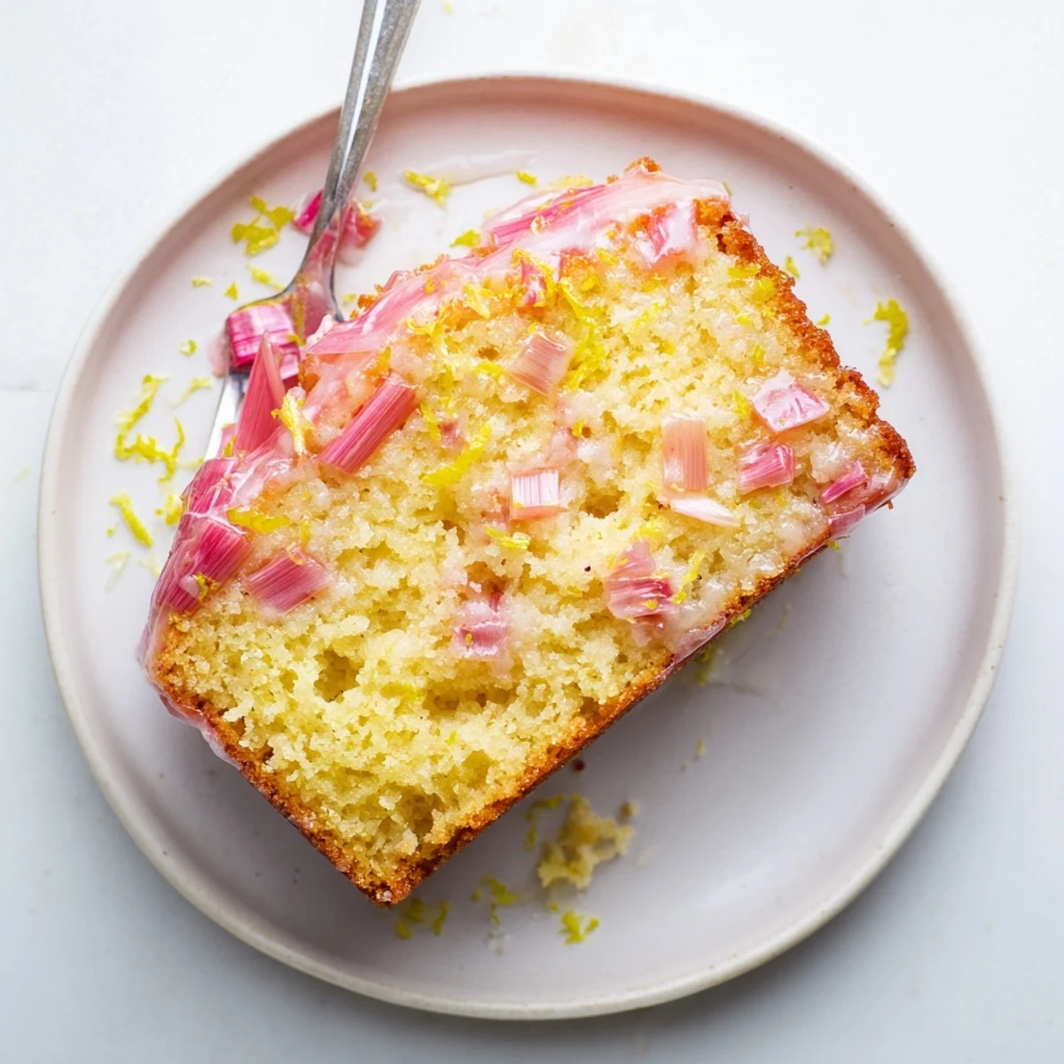 Homemade rhubarb lemon drizzle cake speckled with pink rhubarb and drizzled with lemon icing
