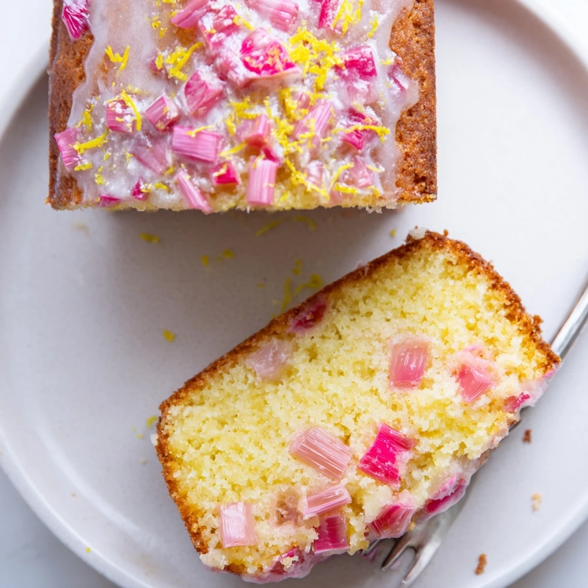 Moist zesty rhubarb lemon drizzle cake topped with tangy glaze and lemon zest