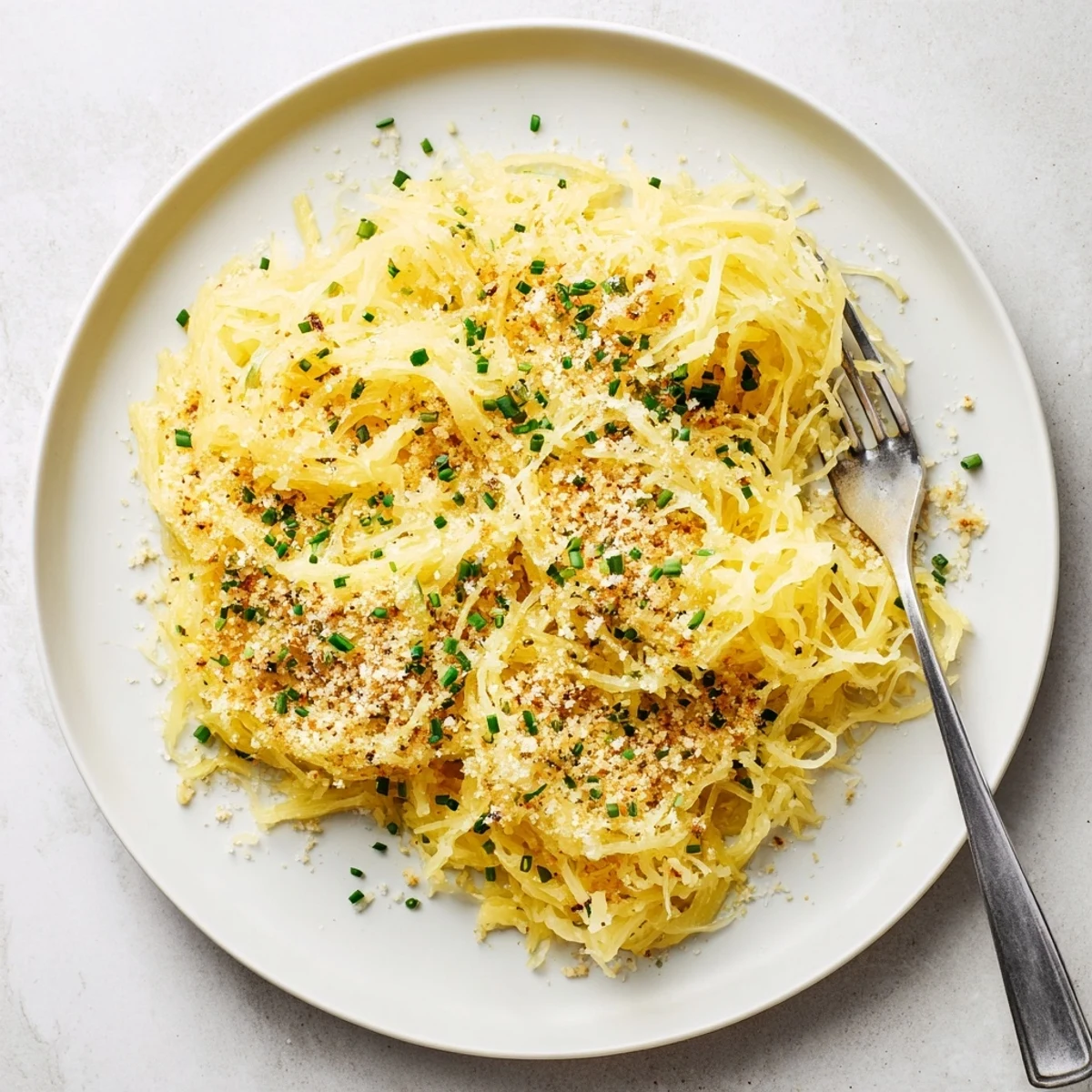 Roasted spaghetti squash strands tossed in rich homemade cheese sauce with golden baked topping