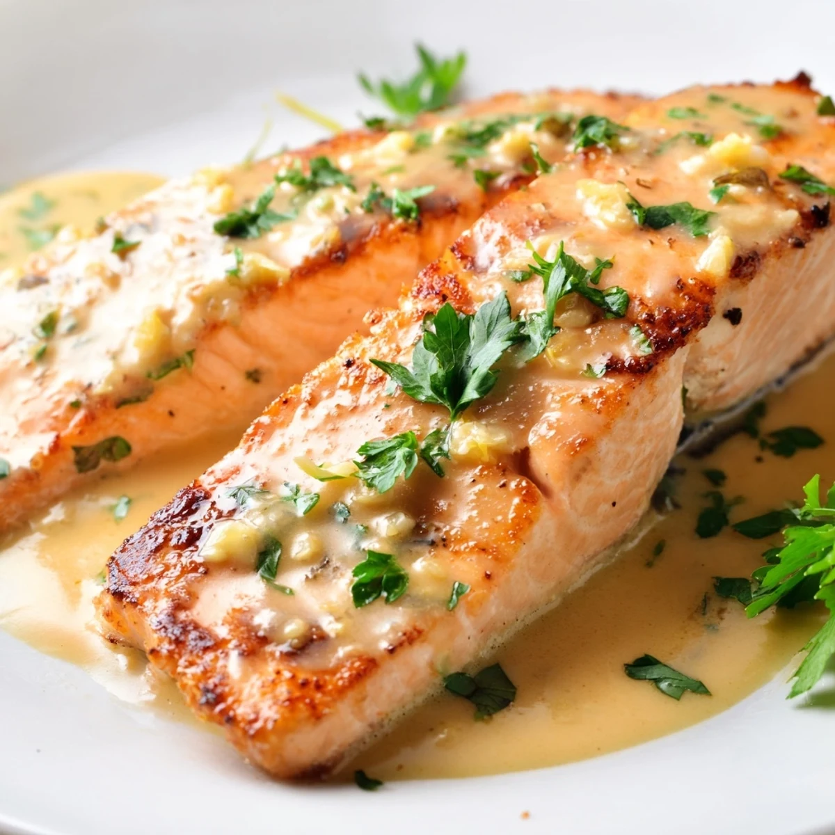Golden pan-seared salmon fillets topped with creamy lemon garlic sauce and fresh parsley