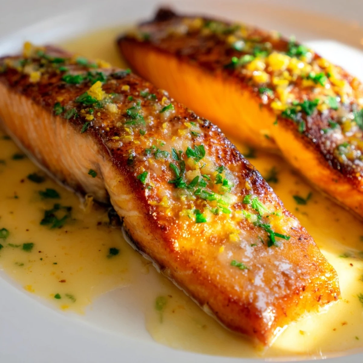 Perfectly cooked salmon drizzled with zesty lemon cream sauce and garnished with chopped parsley