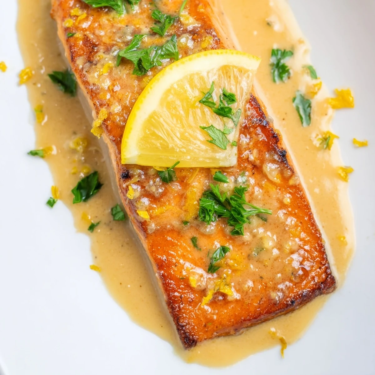 Succulent salmon with lemon cream sauce served on a white plate with vibrant green garnish