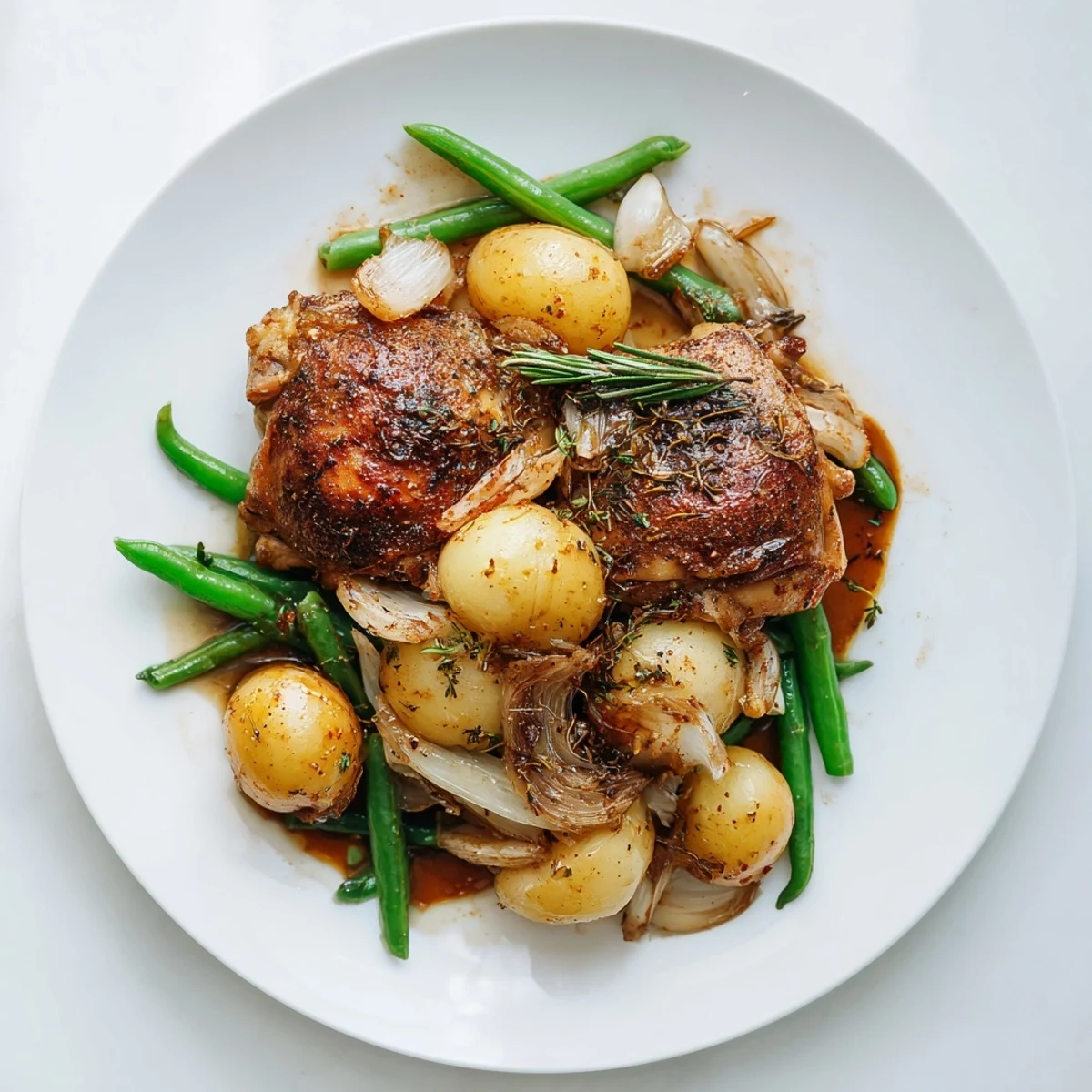 Golden brown chicken thighs nestled alongside tender baby potatoes and crisp green beans in a slow cooker