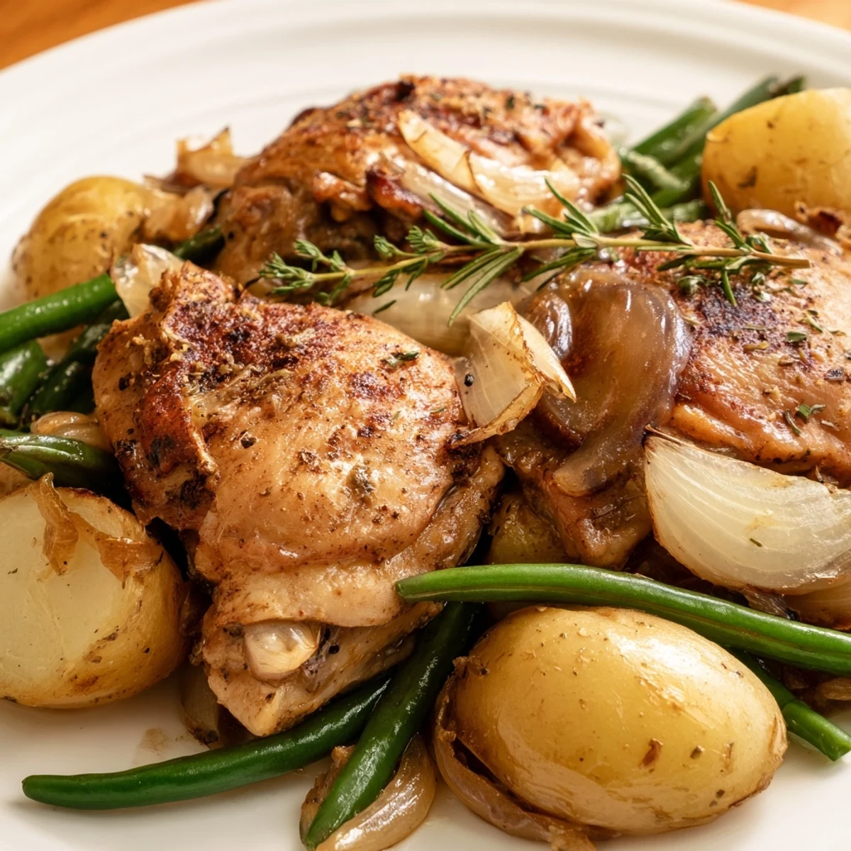Comforting one-pot meal showcasing herb-seasoned chicken, creamy potatoes, and vibrant green beans slow-cooked to tender perfection